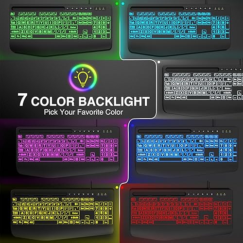 Miniatura 2 de SABLUTE Teclados de computadora retroiluminados con impresión grande, teclados USB iluminados con cable con retroiluminación de 7 colores,