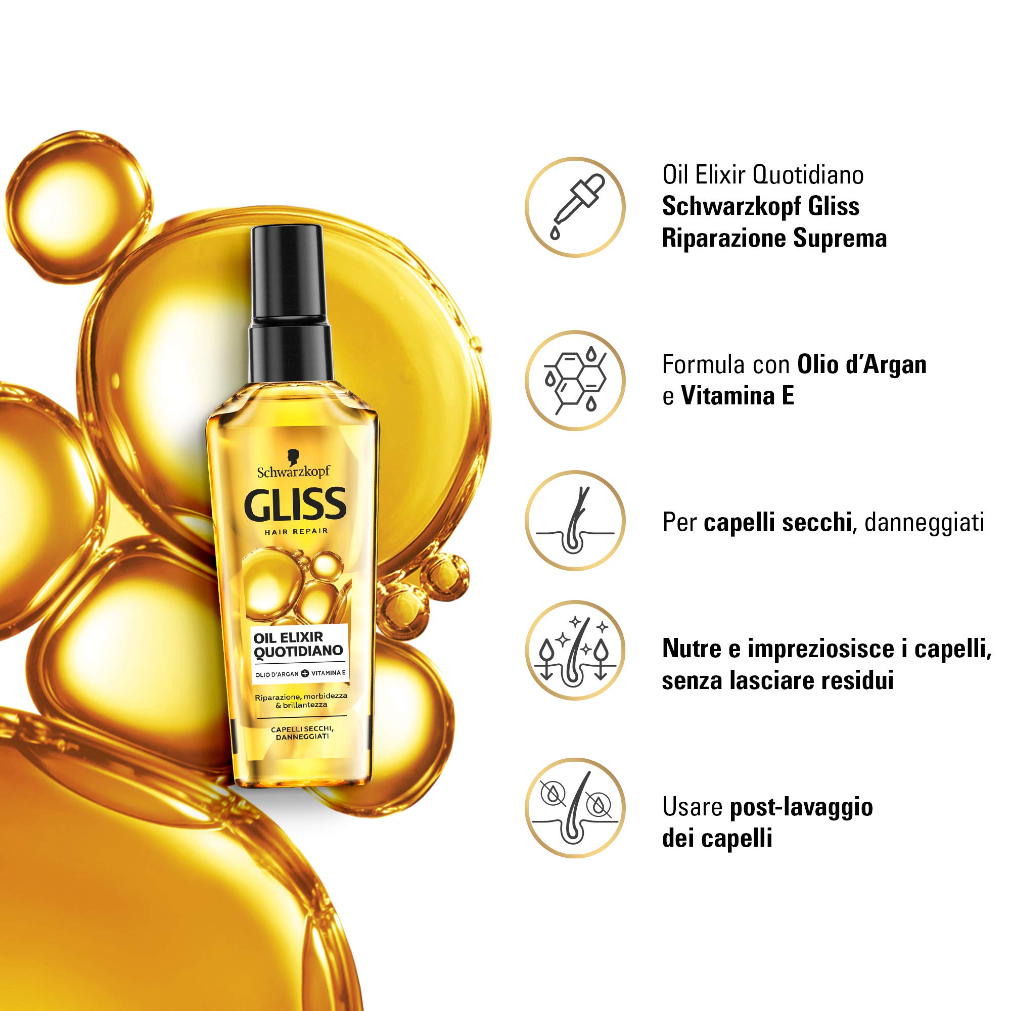 Schwarzkopf Gliss, olejek do włosów suchych i zniszczonych, z olejkiem arganowym i witaminą E, 6 sztuk x 75 ml