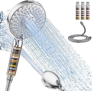 SR SUN RISE Duschkopf mit Filter, Duschkopf mit Schlauch und Filterpatronen, 9-Funktionen-Handbrause mit 4 Duschfilter, Hochdruck Handbrause für Hartes Wasser, Rest-Chlor, Schwermetall, Bakterien