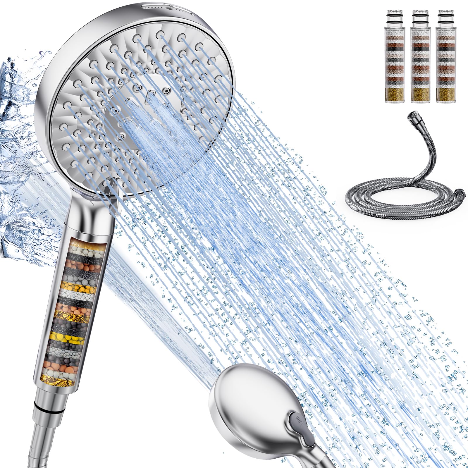 SR SUN RISE Duschkopf mit Filter, Duschkopf mit Schlauch und Filterpatronen, 9-Funktionen-Handbrause mit 4 Duschfilter, Hochdruck Handbrause für Hartes Wasser, Rest-Chlor, Schwermetall, Bakterien