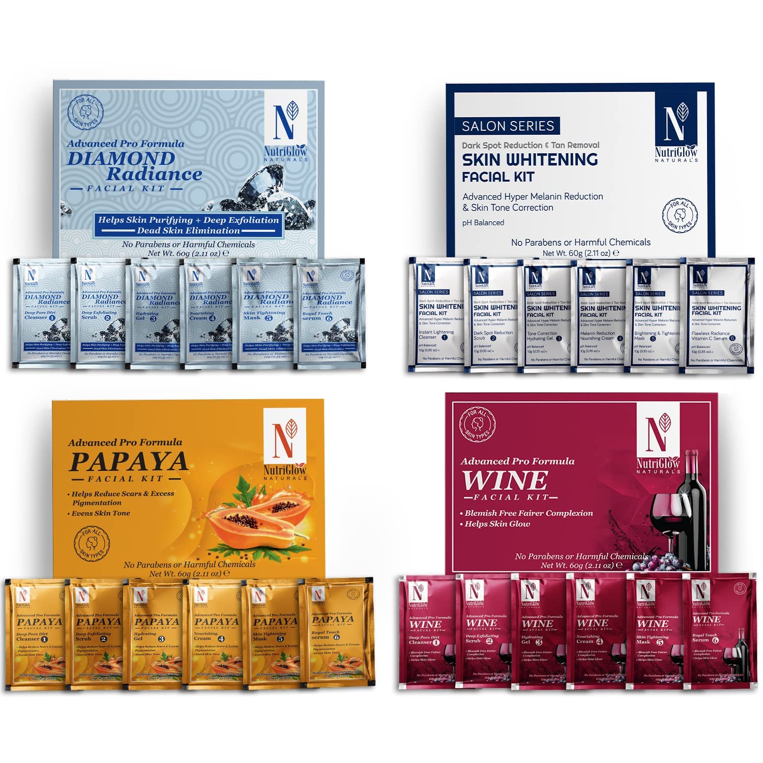 NutriGlow NATURAL'S Advanced Pro Formula Combo Pack of 4 Facial Kits: Diamond Radiance, Papaya, and Wine - 60 gm Each. For Hydrated Skin, Blemish-Free, and Glowing Skin