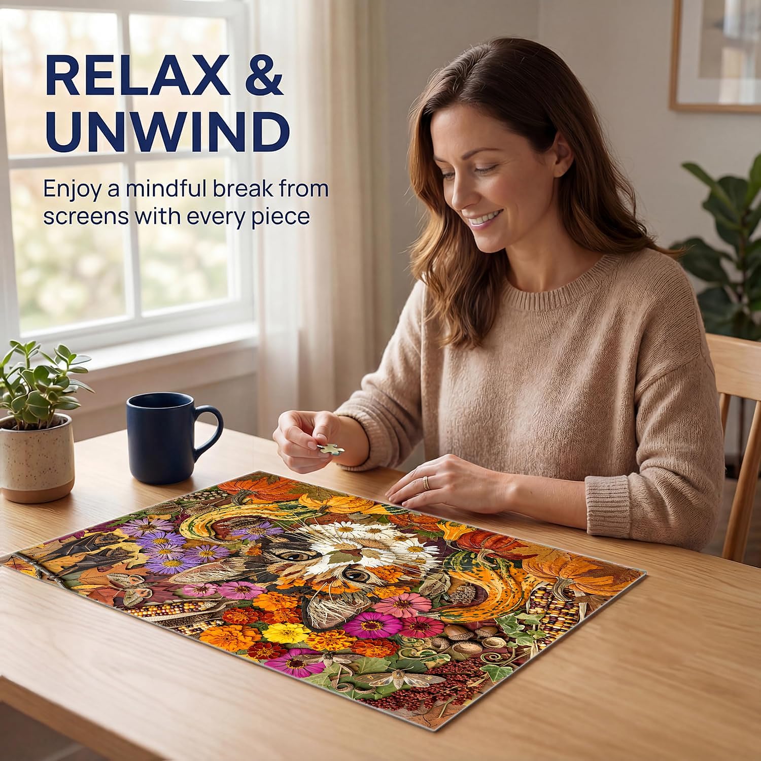 500 Piece Jigsaw Puzzle for Adults - Pressed Botanical Calico Cat with Pumpkins, Gourds and Fall Flowers - 20.5 x 15 in with Reference Poster