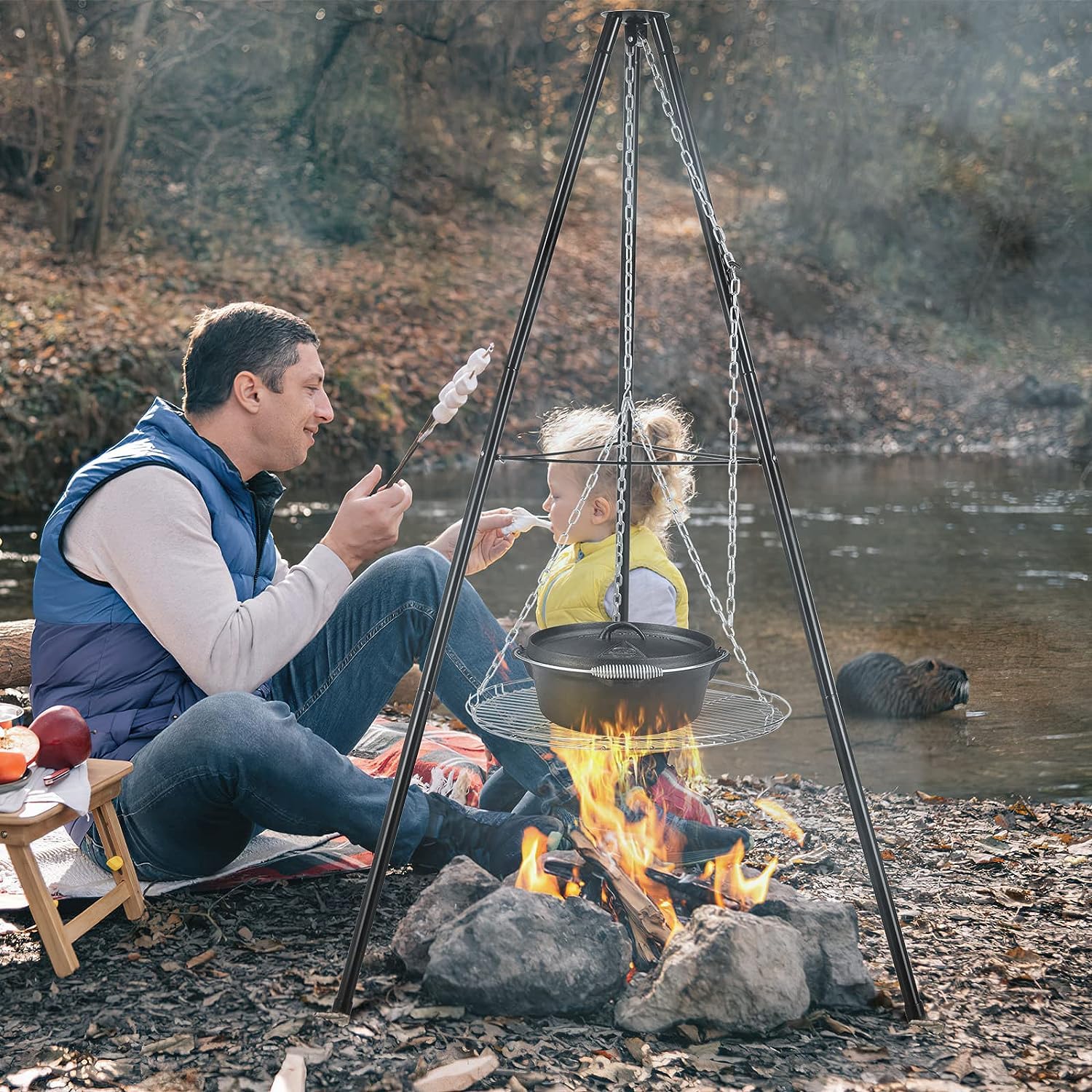 TLSUNNY Schwenkgrill mit Feuerschale, Dreibein für Feuerschale, inkl. Grillrost (Ø52cm), Höhenverstellbarer Kette (200 cm) und Dreibein (H:152 cm), 3PCS Beine, Grill für Camping Garten Hof