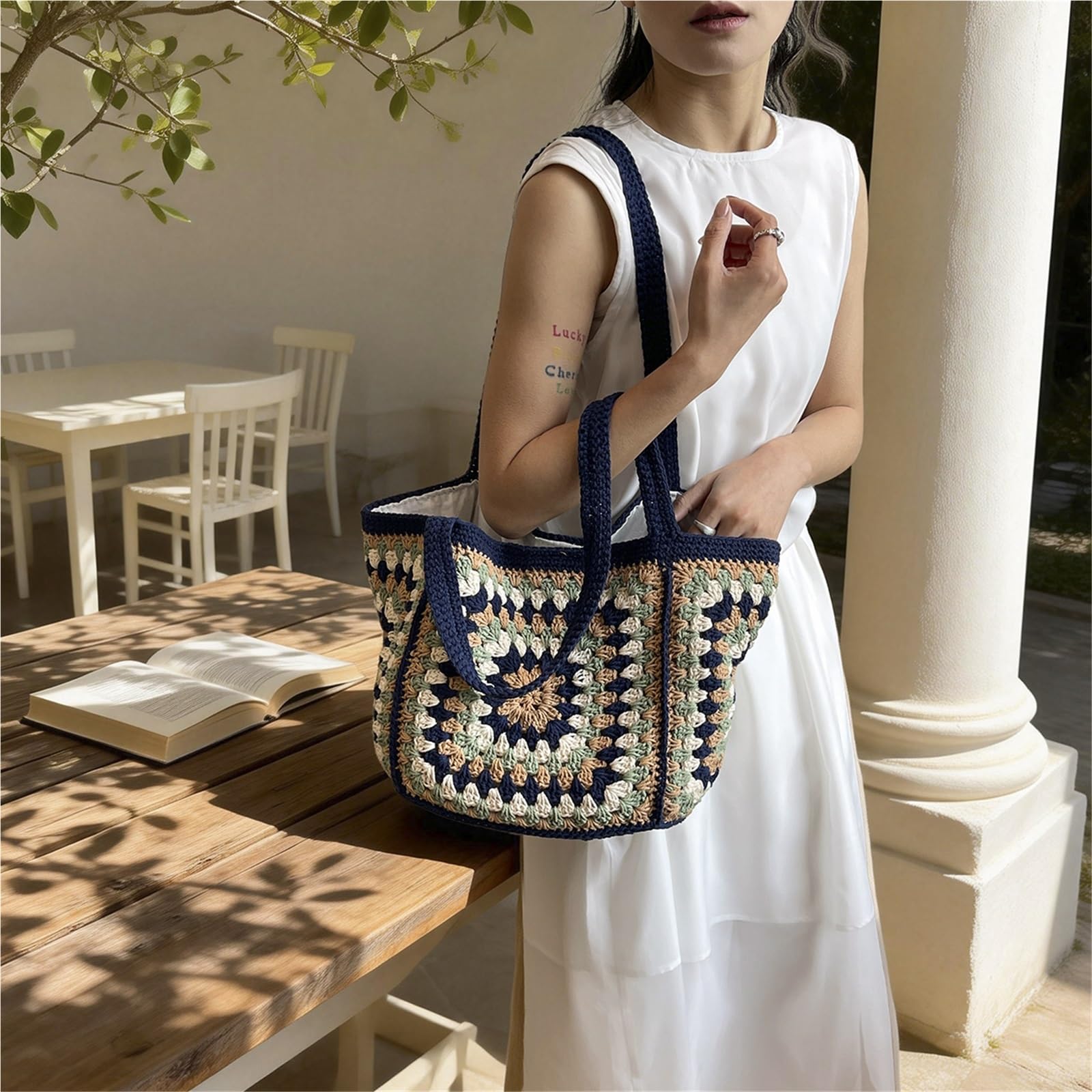 borsa donna estiva Borsa in tessuto lavorato a maglia scavata in stile coreano a tracolla etnica intrecciata for vacanze in tinta unita all'uncinetto