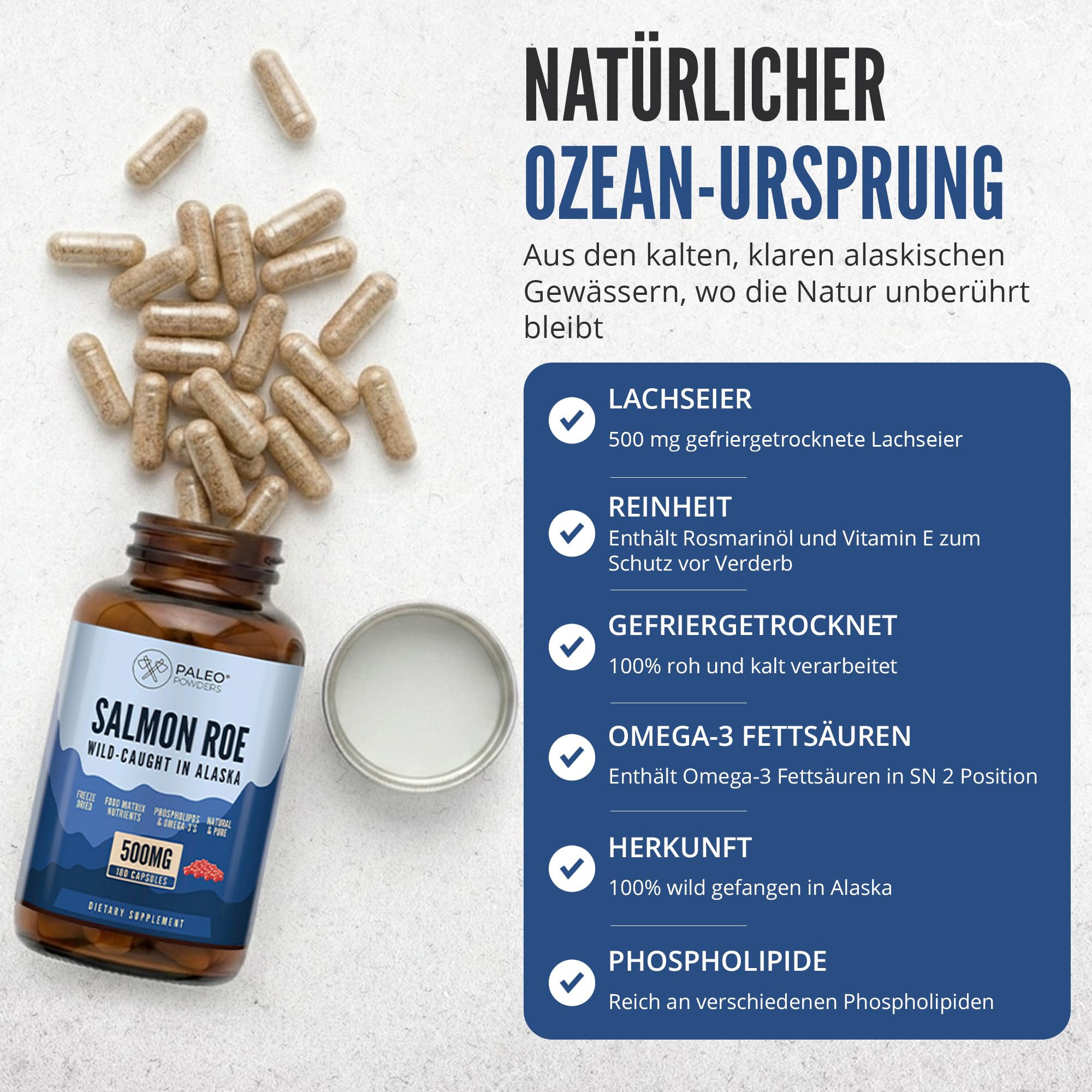 Wildlachs-Rogen-Kapseln – Hochwertige Quelle aus Fischrogen – 180 Kapseln – Premium-Qualität – Nahrungsergänzungsmittel