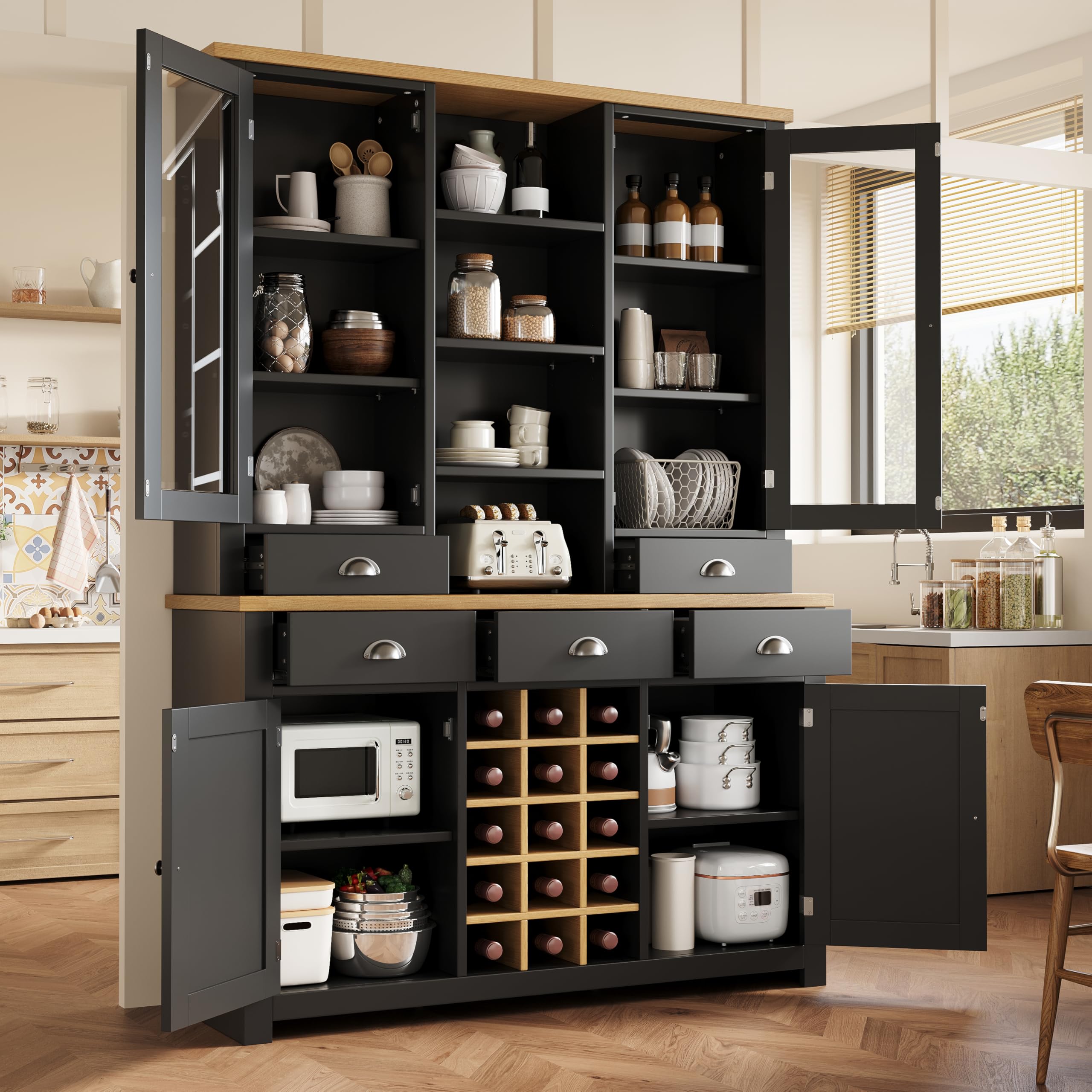 Küchenschrank mit Arbeitsplatte, Buffetschrank mit Herausnehmbares Weinregal, Küchenhochschrank mit Kippschutz, Soft-Close-Funktion, Mehrzweck-Hochschrank für Küche und Wohnzimmer, Schwarz