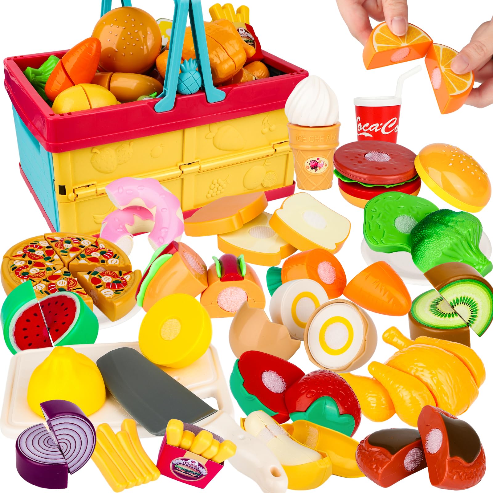 Hanmulee Play Food Sets for Children Kitchen, 65PCS Plastic Toy Food Sets Pizza and Fruits Cutting Toys, Pretend Play Kitchen Accessories with Basket, Role Play Toys for Kids Toddlers
