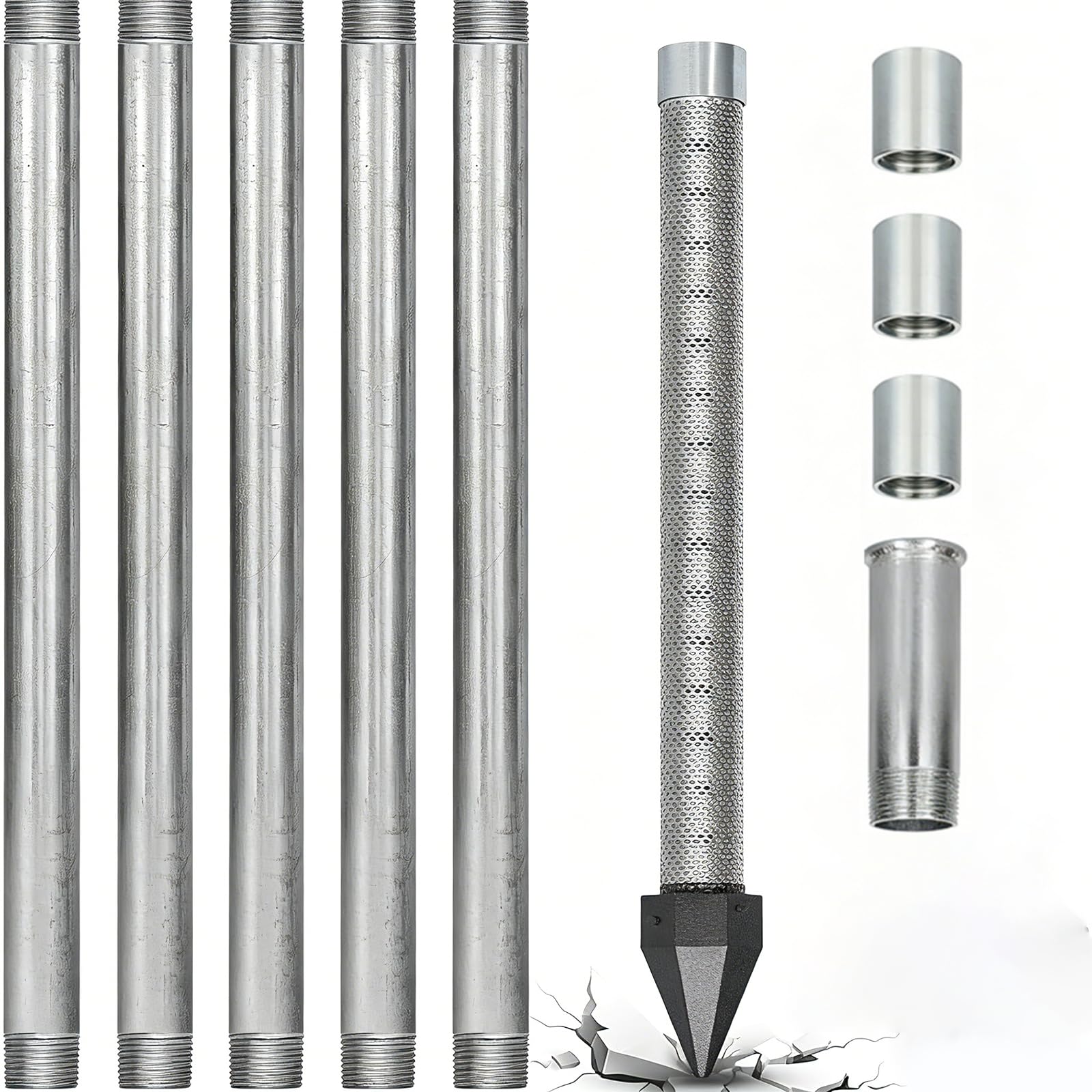 KPOUYYDS Sand Point Well Kit, 1-1/4" Stainless Steel Drive Point with 60 Gauge Mesh Screen, 36-Inch Heavy Duty Shallow Well Drilling, Galvanized Pipes and Drive Coupling 5+1kit