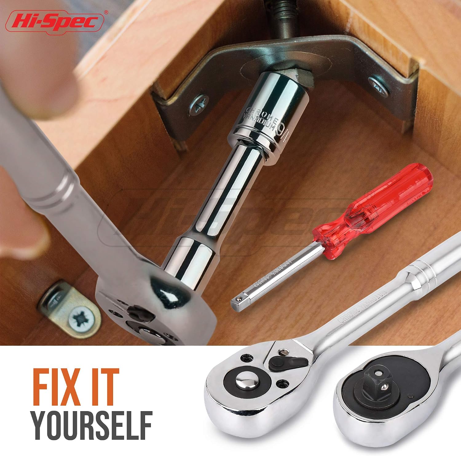 Hi-Spec 39 Piece SAE & Metric Multi Socket Set. 1/4 & 3/8” Inch Drive Ratchet Wrench & Spinner Handle