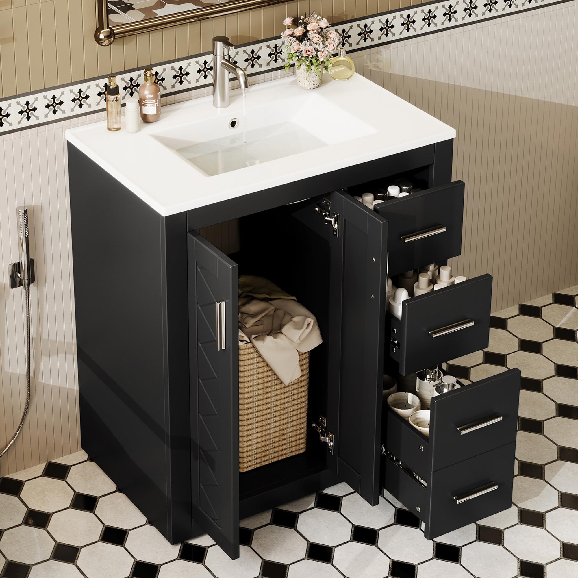 Merax Badezimmerschrank mit Waschbecken, komplett lackiert, DREI leise Schubladen + Doppeltüren, Soft-Close Scharniere für große Familien, Waschtisch, freistehend, Schwarz/76x46.5x85.5cm