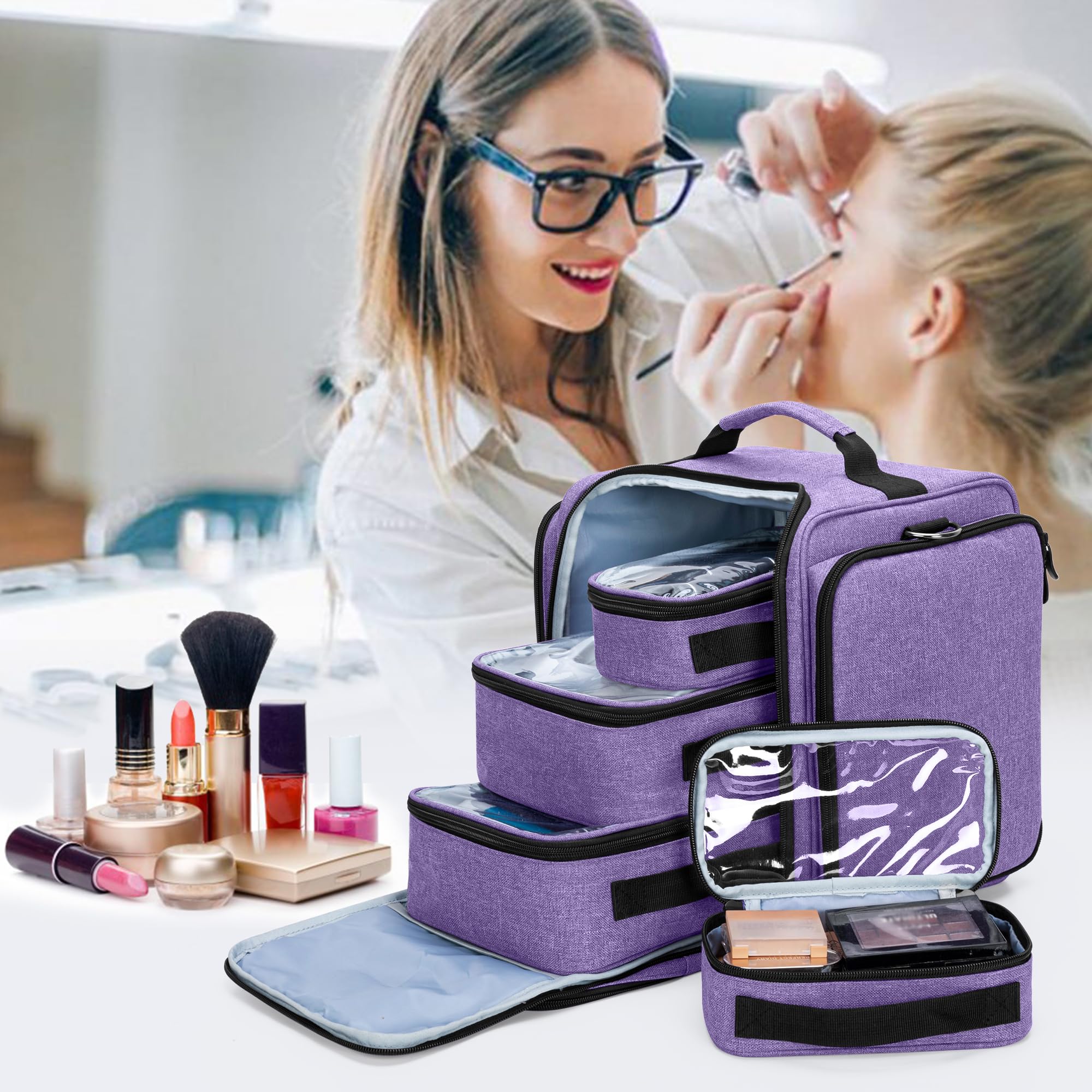 BAFASO Bolsa de Maquillaje Bolsa de Cosméticos con 4 Bolsillos, Púrpura | Estuche Multifuncional de Maquillaje de Viaje, Bolsillos Internos Extraíbles