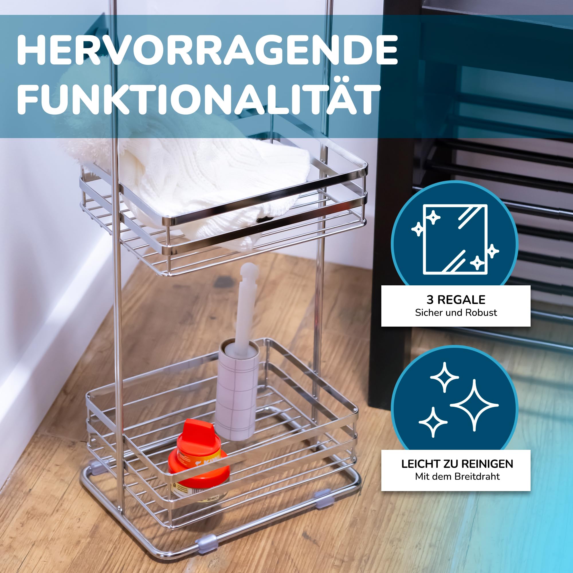 Standregal Metall Chrom – Kompaktes Regal mit 3 Drahtablagen, 75,5 cm hoch, in Silber, für Badezimmer, Küche oder Büro