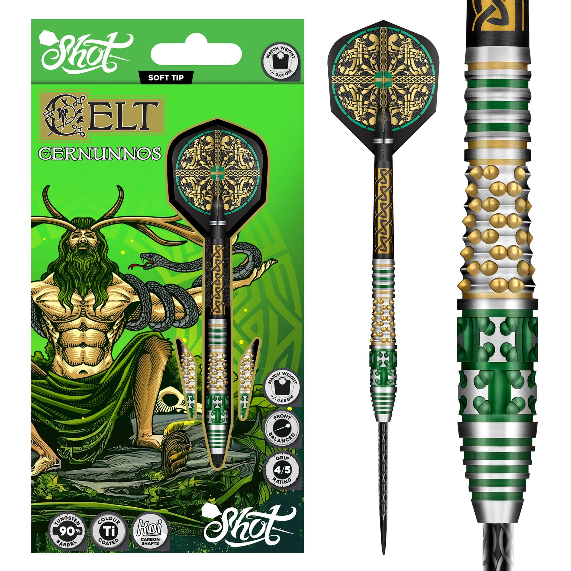 Shot! Celt Cernunnos Steel Tip Dart Set 90% Tungsten Pro Throwing Darts Steel Tip Set, Professional – Made in New Zealand – Designed Dart Flights for Women & Men – Metal Tip Bar Darts for Adults — image 1