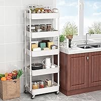 Vista 4 de Sywhitta - Carrito rodante de utilidad de plástico de 5 niveles con asa, carrito de almacenamiento multifuncional para oficina, sala de estar