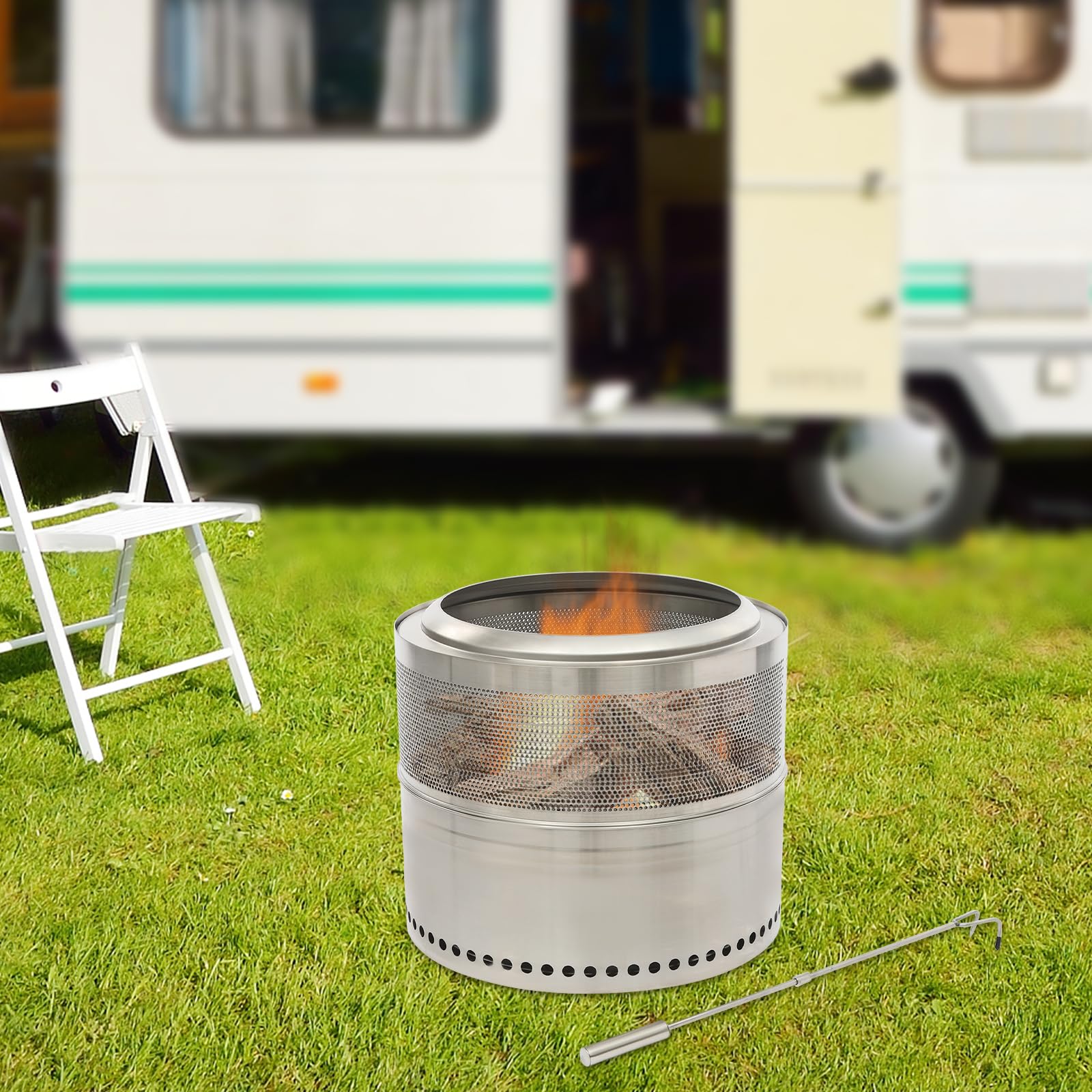 Braciere pieghevole in acciaio inox con gancio del fuoco e borsa portatile, per campeggio, feste in giardino, falò