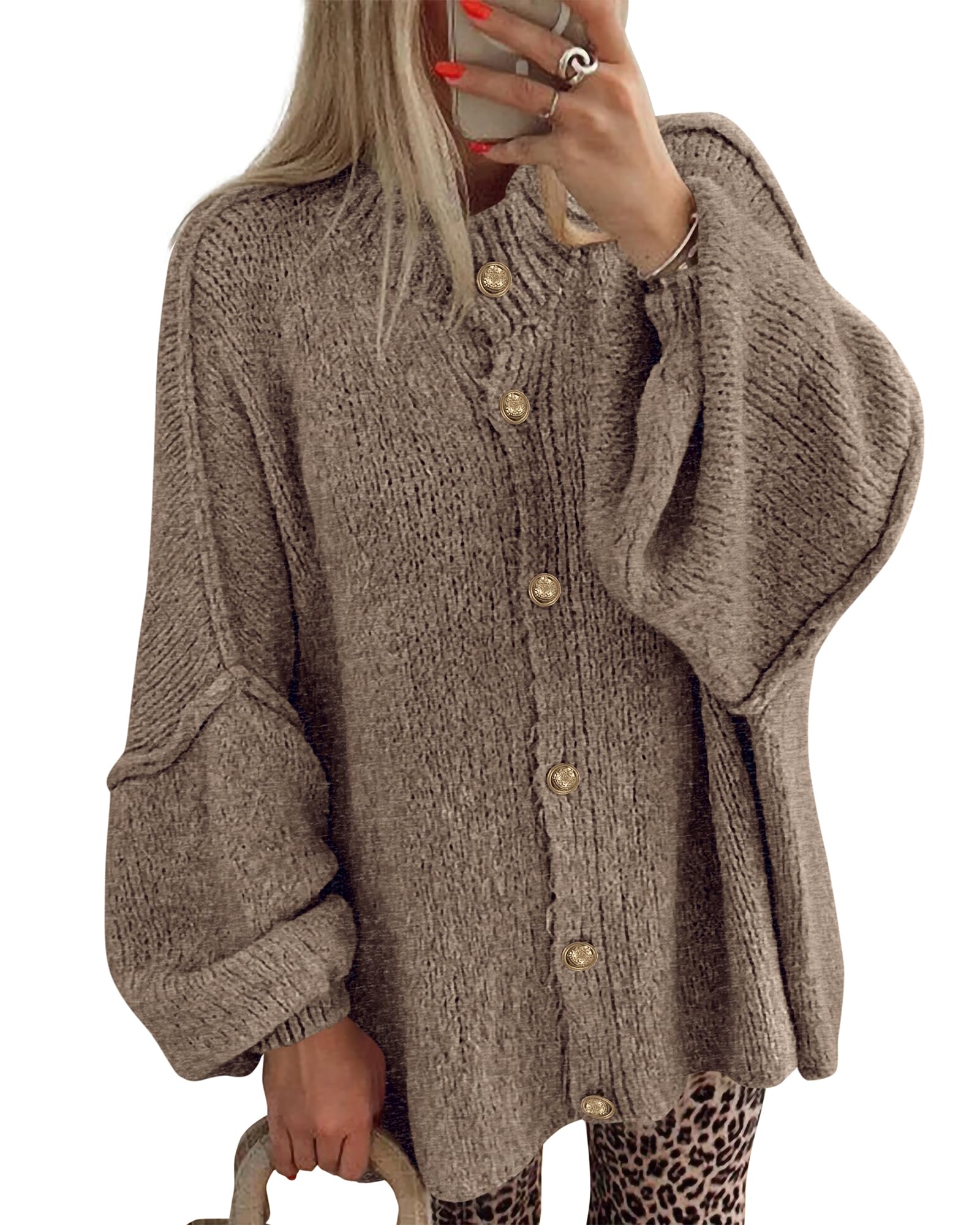 BTFBM Cardigan Sweaters for Women 2025 Fall Clothes Lantern Long Sleeve Button Open Front Chunky Knit Oversized Sweater