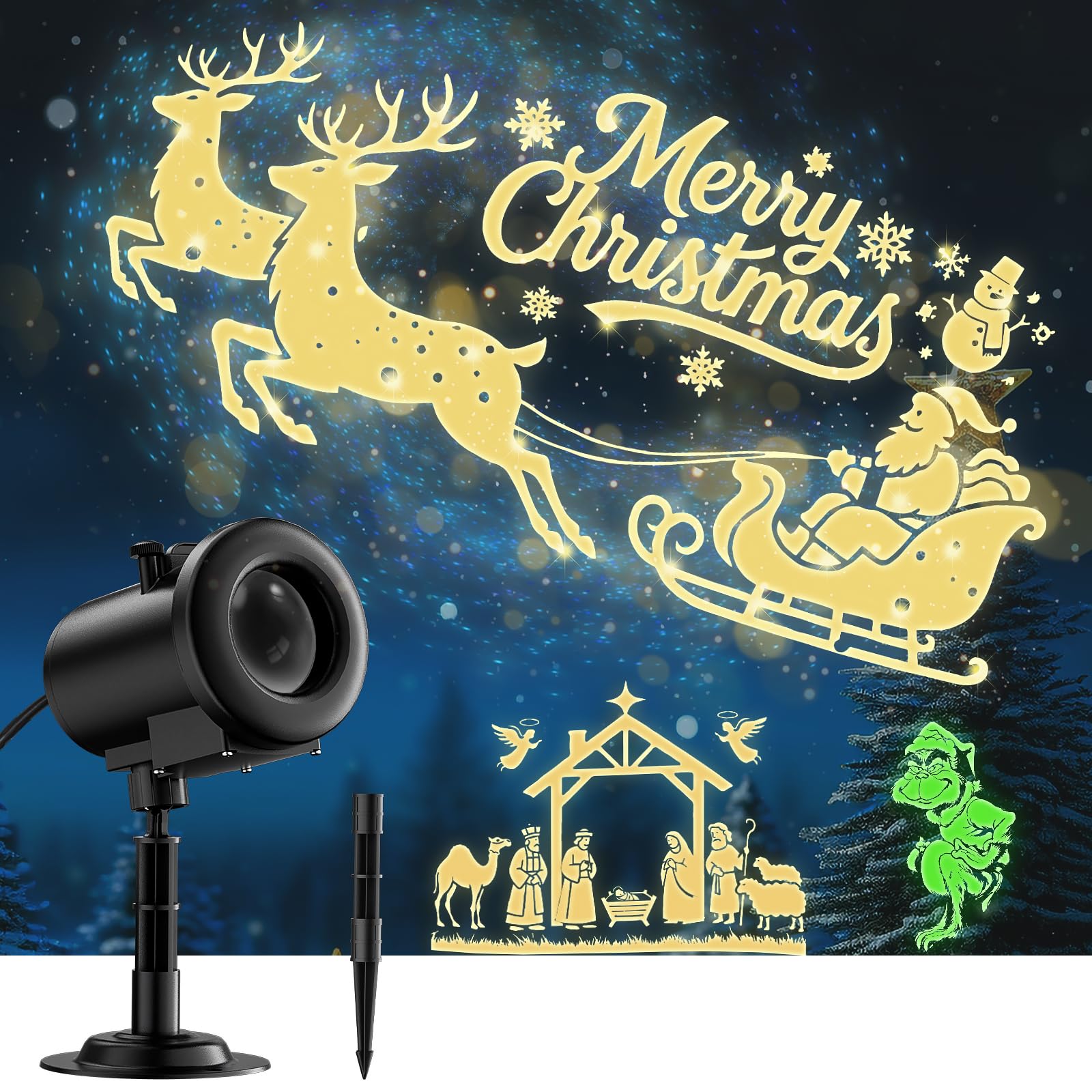 Weihnachten Deko Outdoor Innen,3D Dynamische Halloween Projektor, Wasserdicht LED Projektionslampe mit Schlitten,Jesus,Schädel,Fledermaus für Wand Friedhof Fenster Garten Hof Party Deko Projector