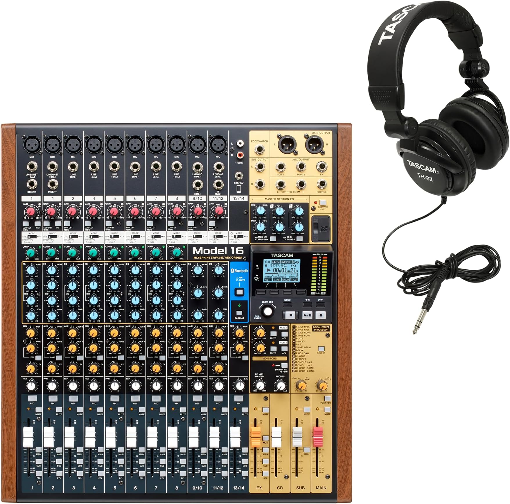 TASCAM Model 16 Recording Mixer and Studio Headphones Bundle