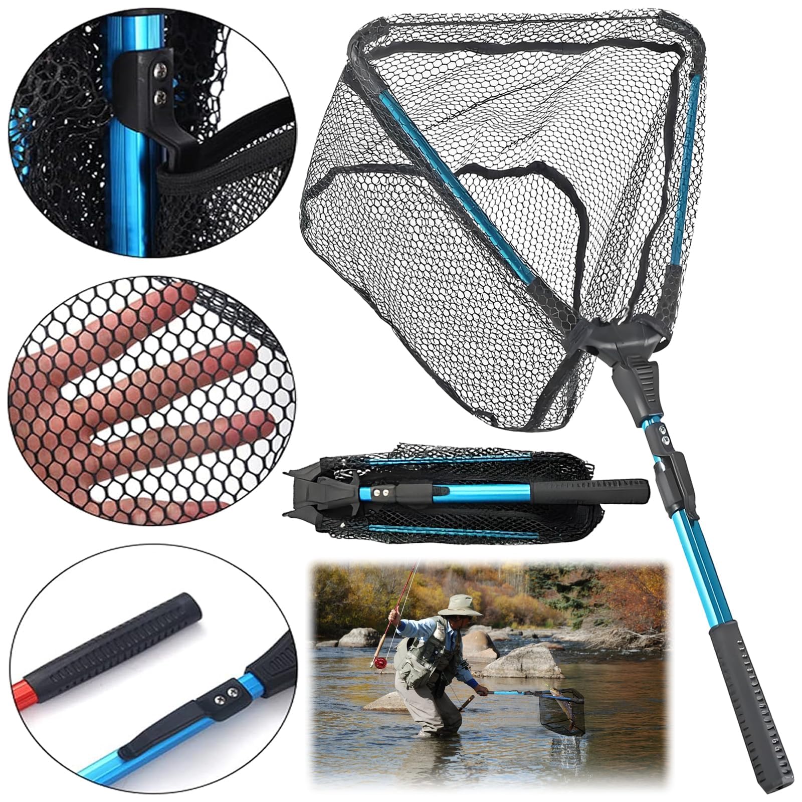 Jiavlyx Red de Pesca Plegable, 90cm Red de Pesca Telescópica, para estanques, Arroyos, Lagos y Desde embarcación — view 4
