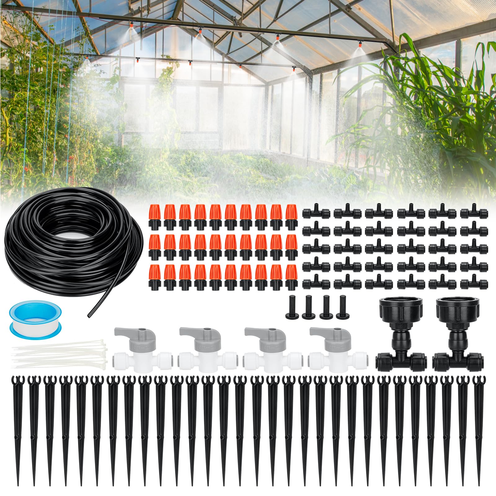 120FT Mist Drip Irrigation Kit, 2024 Upgrade New Quick Connector Drip Irrigation Kits, Hanging Plant Watering System with 1/4" Blank Tubing and Misting Nozzles (120FT)