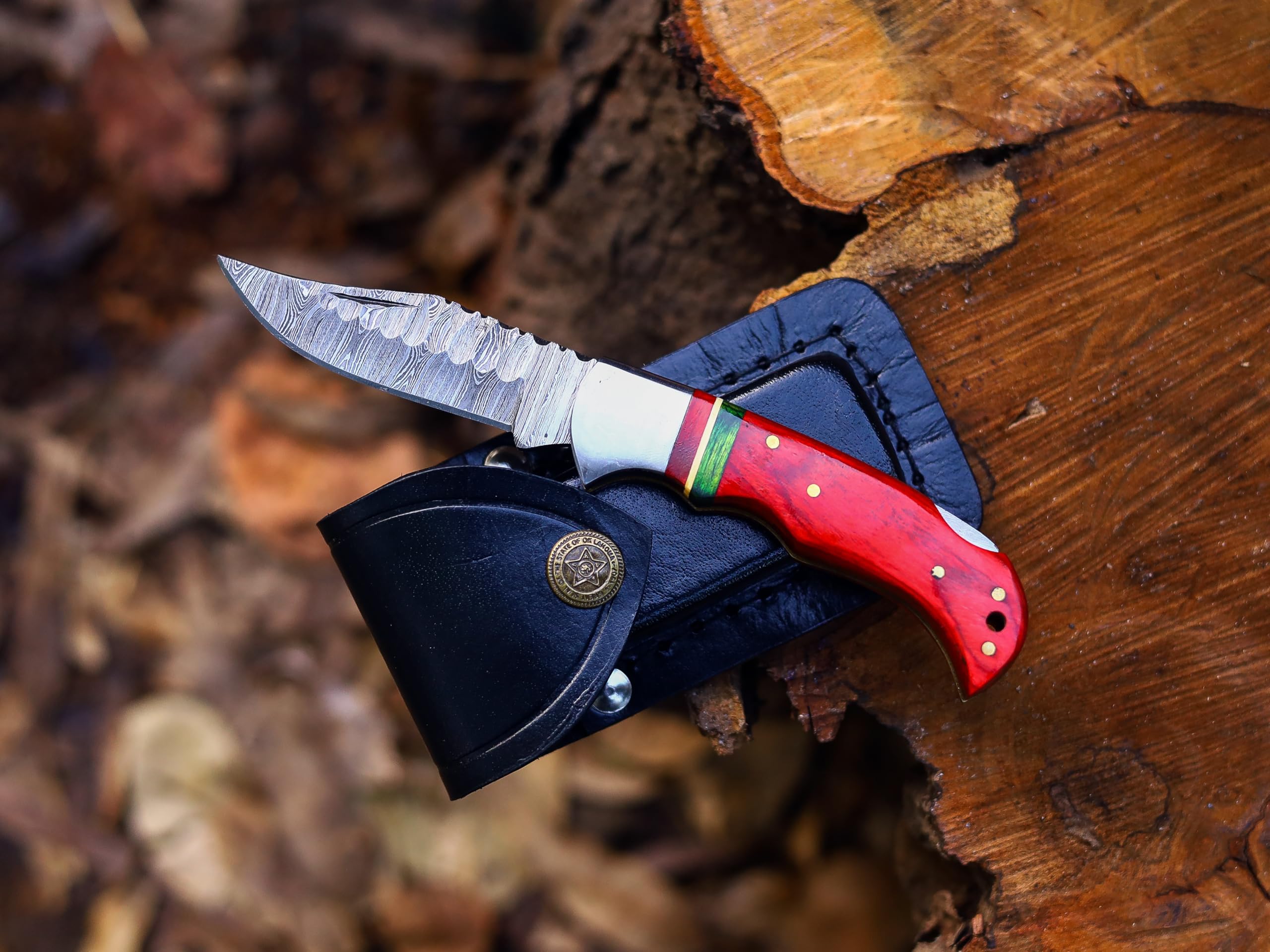 Babu Butt & CO Damascus Steel Folding Pocket Knife, Red Wood Handle with Green Accent, Black Leather Sheath