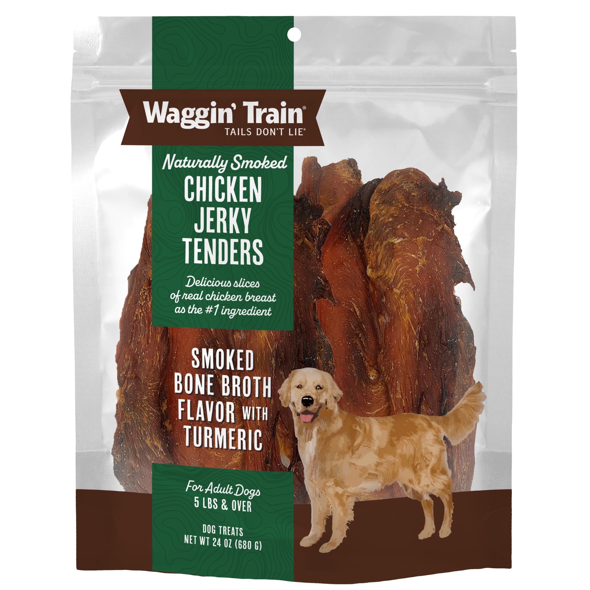 Waggin' Train Smoked Chicken Jerky Tenders for Dogs with Turmeric and Human Grade Bone Broth, Grain and Corn Free, High Protein, Premium Limited Ingredient 100% Real Chicken Dog Treats, 24 oz. Pouch