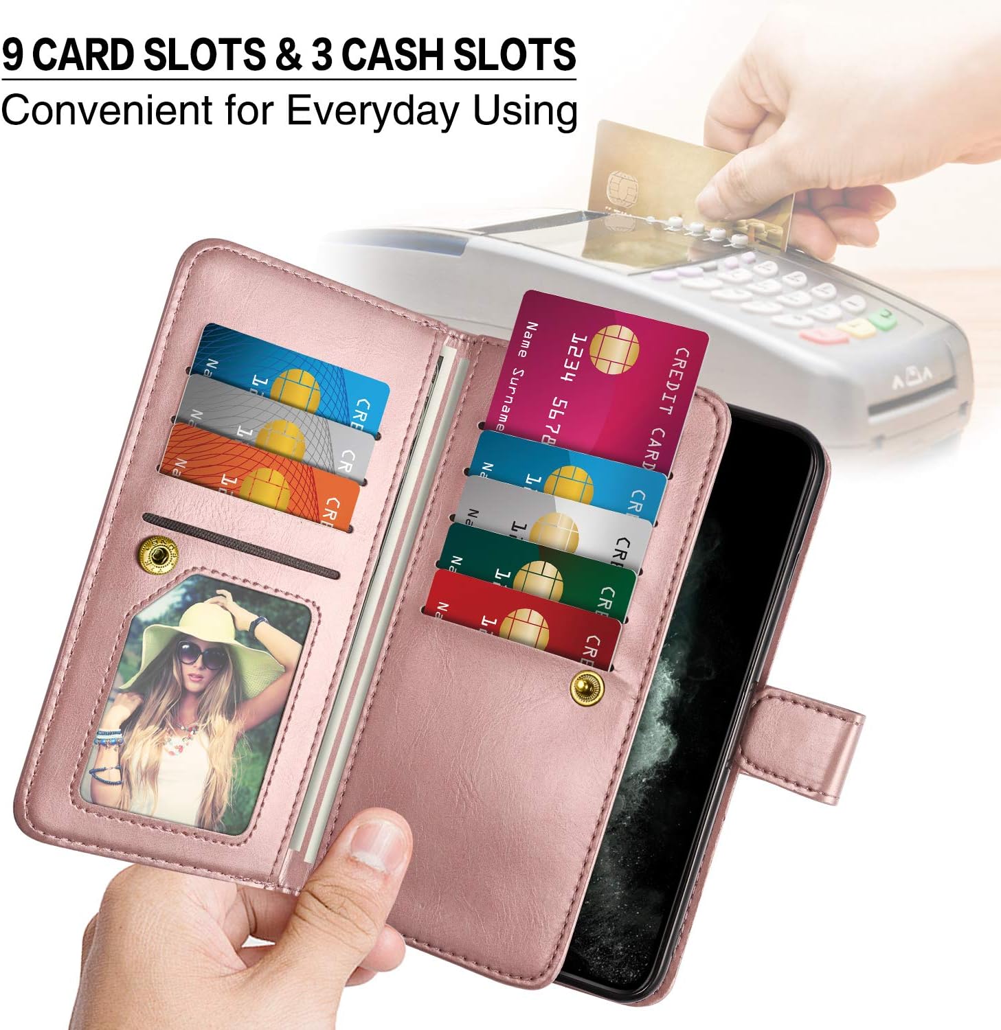HianDier Compatible with iPhone 11 Pro 5.8-inch Wallet Case with Card Holder 9 Slots Detachable PU Leather Flip Cover Shockproof Magnetic Clasp Lanyard Dual Layer Wallet Cases, Rose Gold