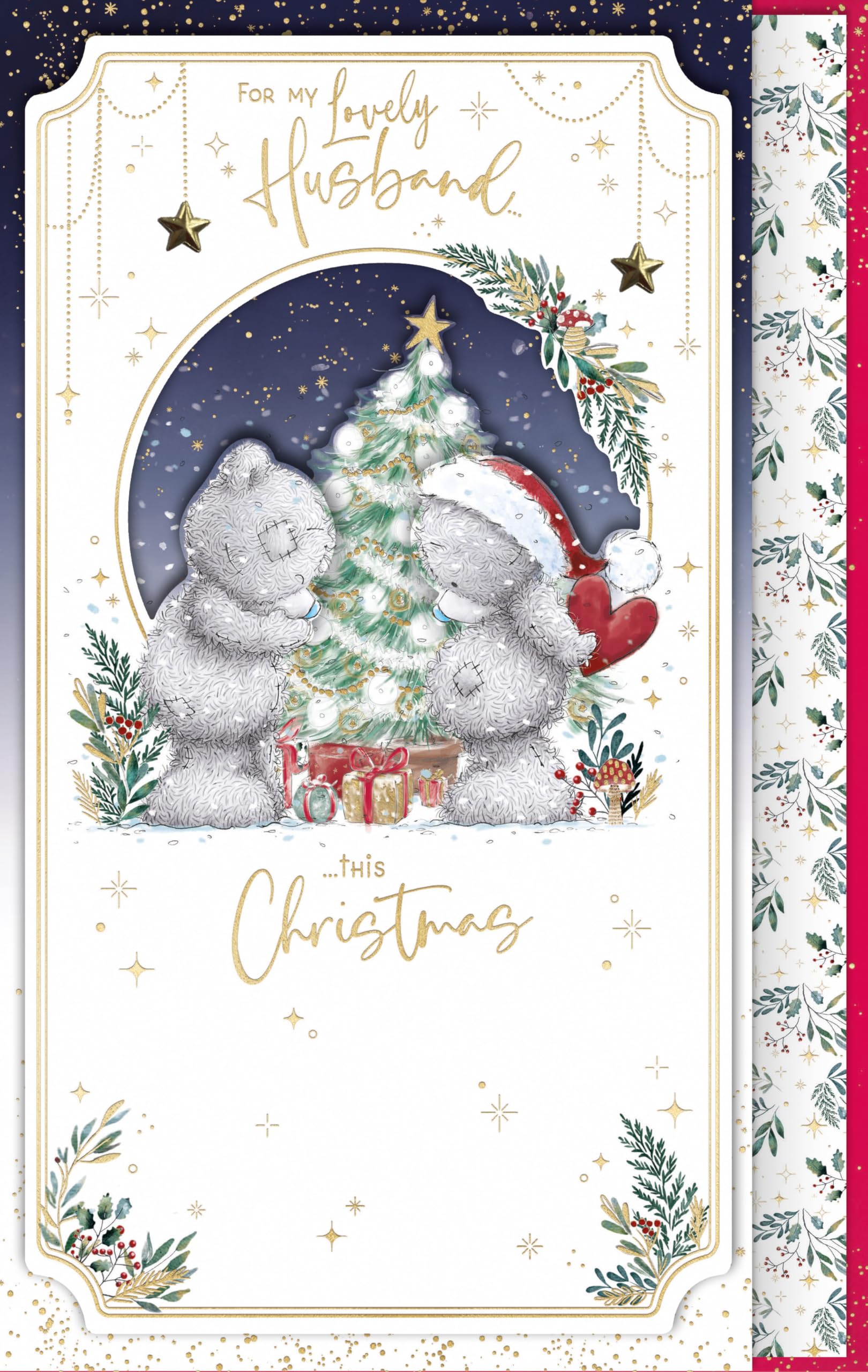 Me To You Tatty Teddy Luxury Handmade Christmas Card For A Lovely Husband, Tatty Teddy Bears Exchanging Gifts 7x11ins - Official Collection