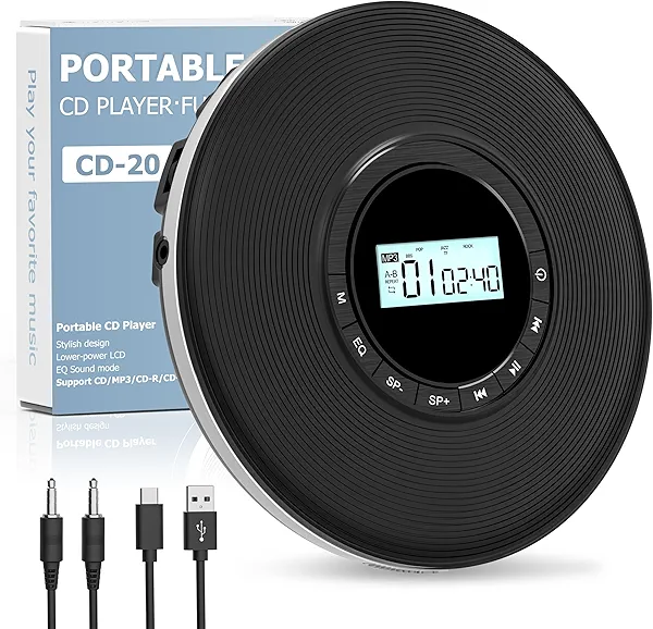 Sunoony Walkman CD Player,Portable CD Player for Car,Personal Disman CD Player with Headphones Jack,LCD Display,Anti-Skip,Aux-Out Cable/TF Slot,2*AA Batteries or Type-C Supply for Home,Travel and Car