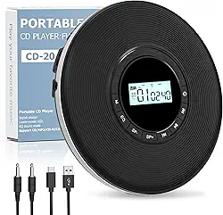 Sunoony Leitor de CD Walkman, leitor de CD portátil para carro, leitor de CD Disman pessoal com conector de fone de ouvido, visor LCD, anti-salto, cabo auxiliar/slot TF, 2 pilhas AA ou fonte tipo C