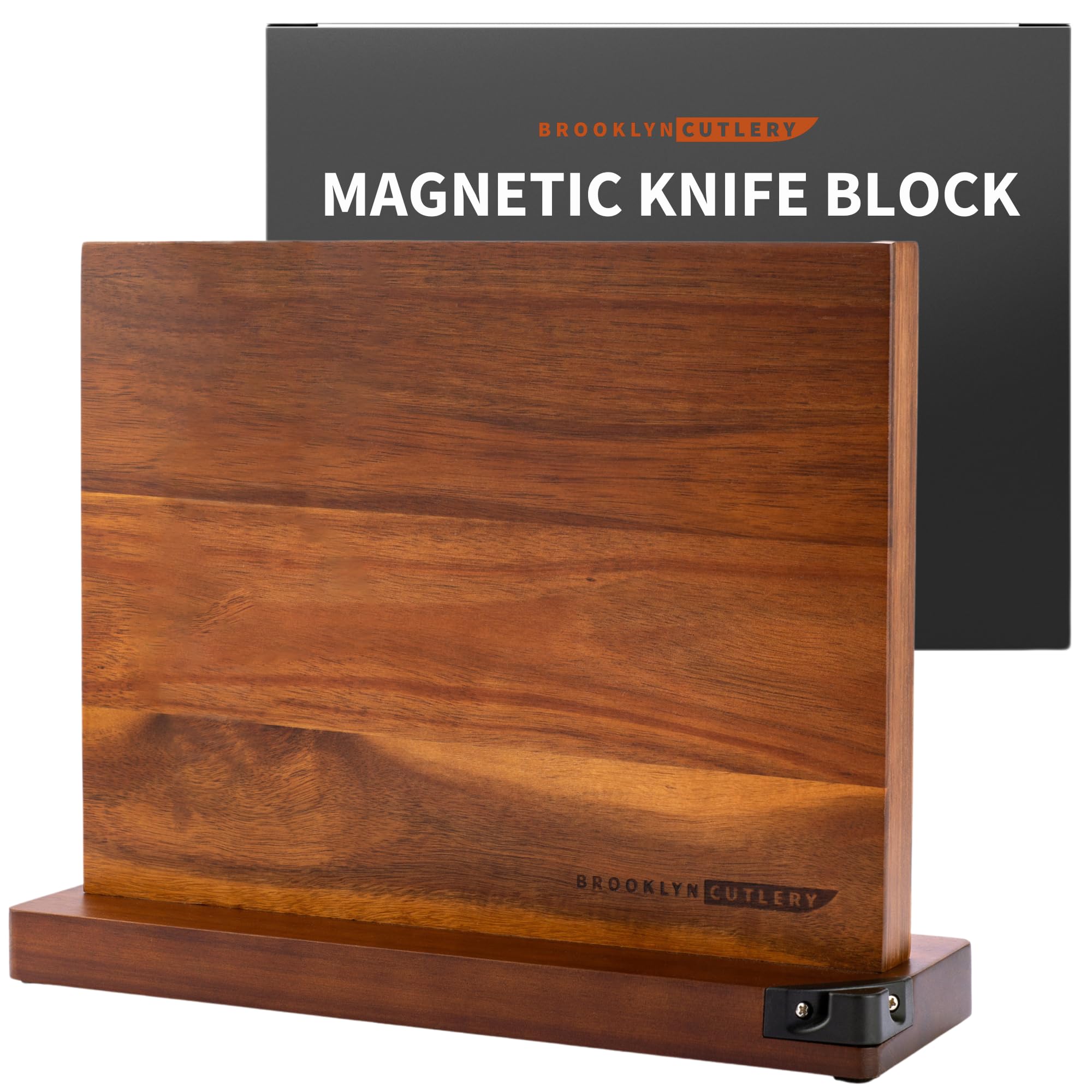 BROOKLYN CUTLERY magnetic knife block in acacia wood with built-in sharpener slot