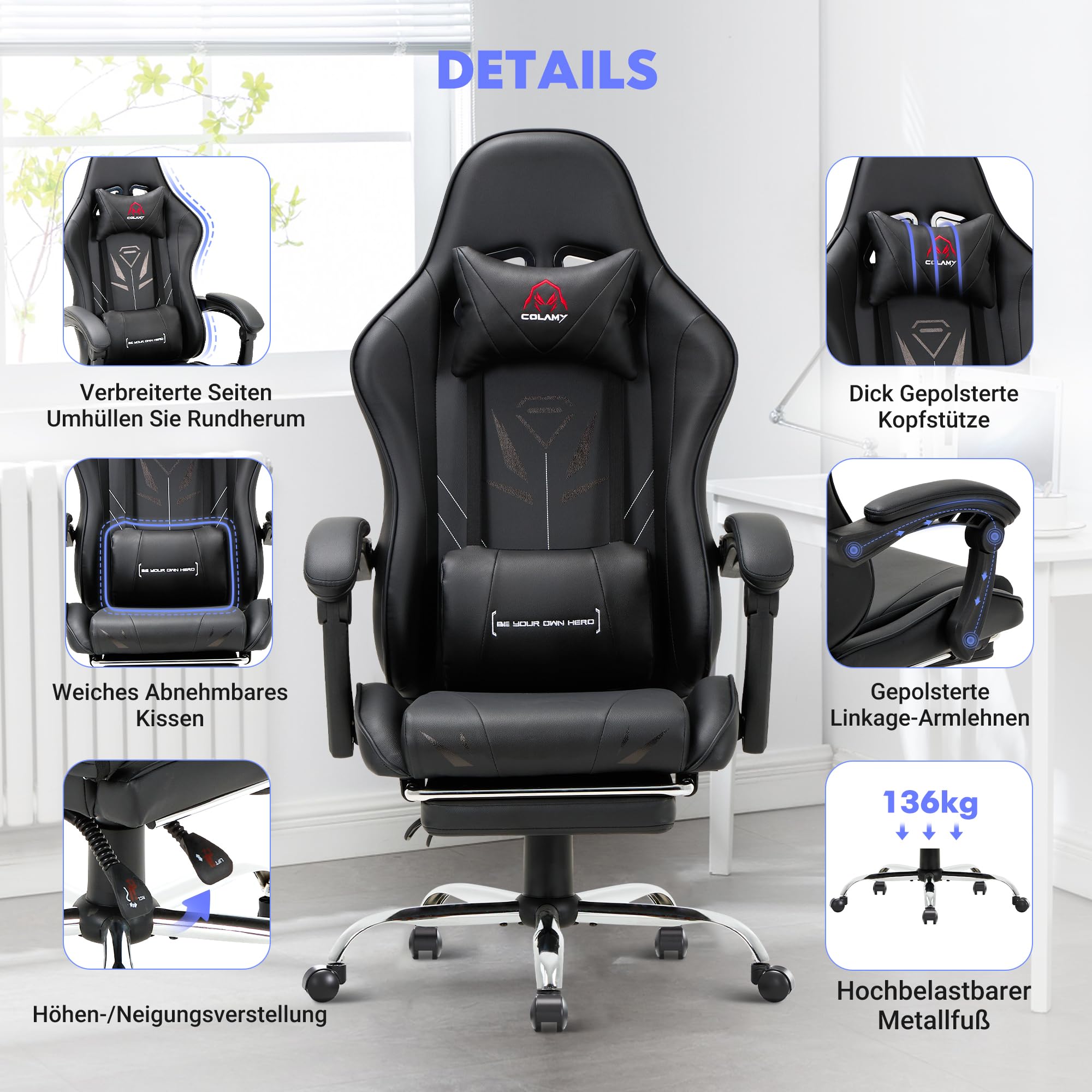 COLAMY Gaming Stuhl, Computer Stuhl mit Fußstütze und Lendenwirbelstütze, höhenverstellbarer Gaming Chair mit 360°-Drehsitz und Kopfstütze, Video Gamer PC Stuhl, Ergonomische hohe Rückenlehne, Schwarz