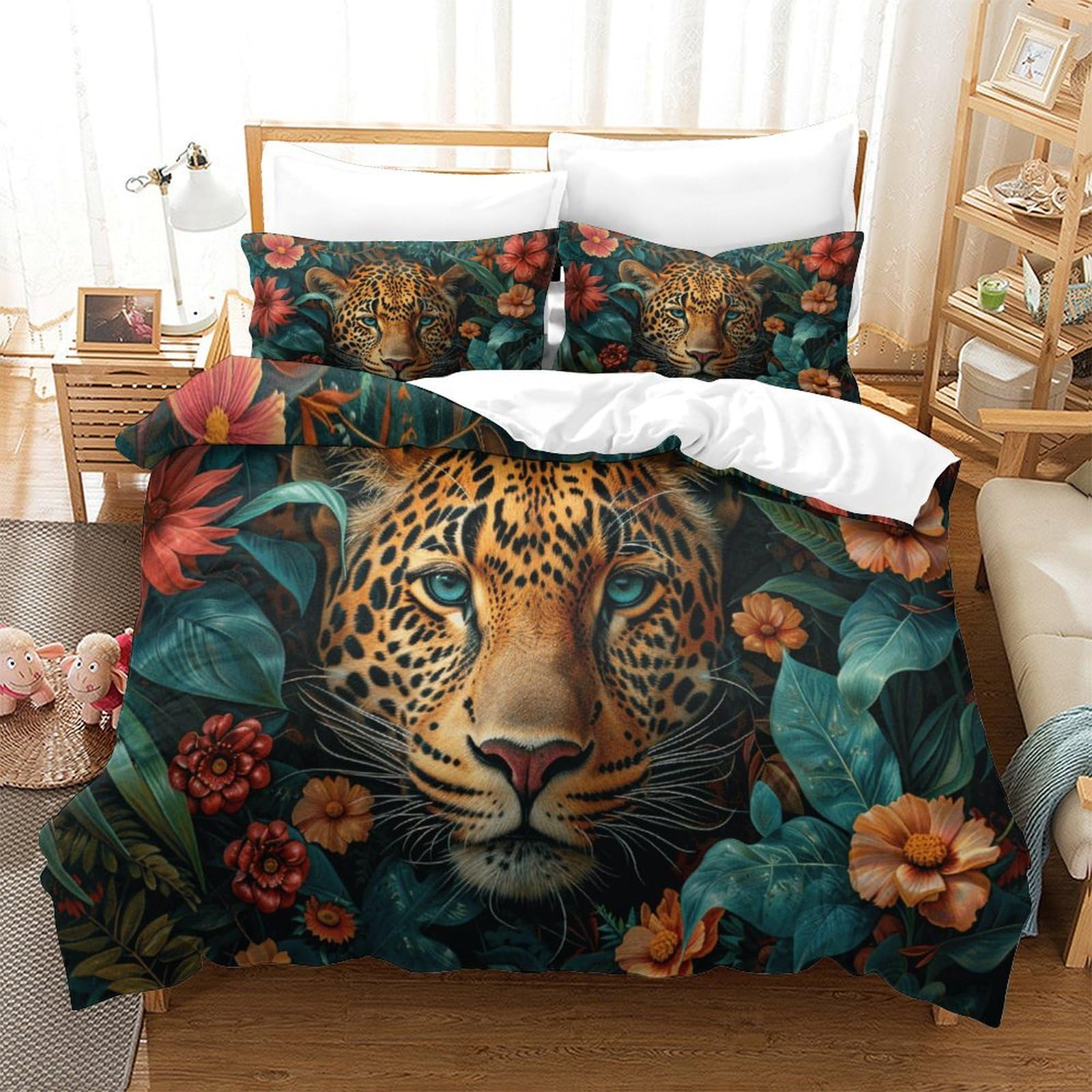 P1s9u7w5y Jaguar-8 3D Printed Jungle Leopard Duvet Cover Set 3Pcs Microfiber Floral Animal Bedding Set King（220X240cm）