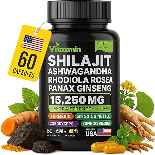 Cápsulas de Shilajit y Ashwagandha, multivitamínico a base de hierbas 8 en 1 para hombres y mujeres, con Rhodiola Rosea, ginseng y ortiga, Shilajit