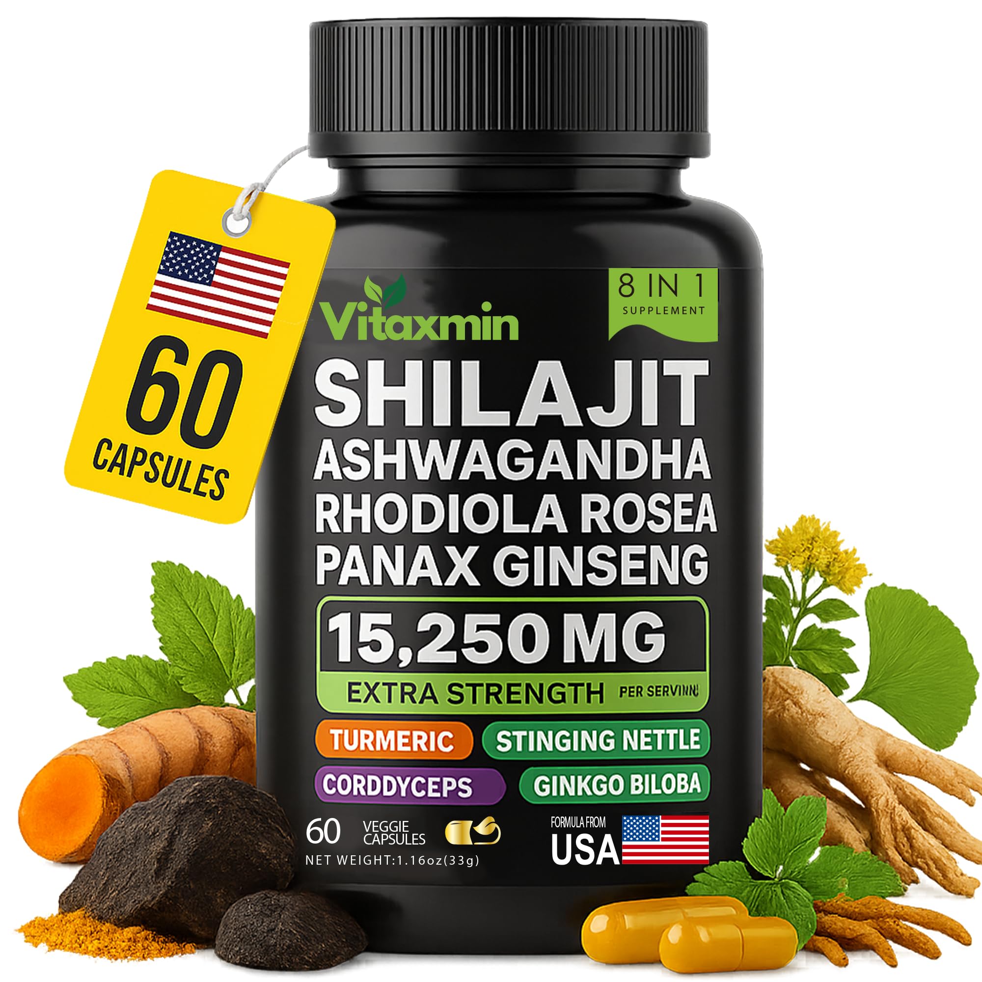 8-in-1 Shilajit and Ashwagandha Capsules: Herbal Multivitamin with Rhodiola Rosea and Ginseng