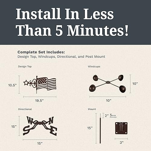 Miniatura 6 de EZ Vane - Veleta de acero con bandera de Estados Unidos, 21 pulgadas de altura, incluye soporte de poste de metal, vasos de viento y soportes, hecho