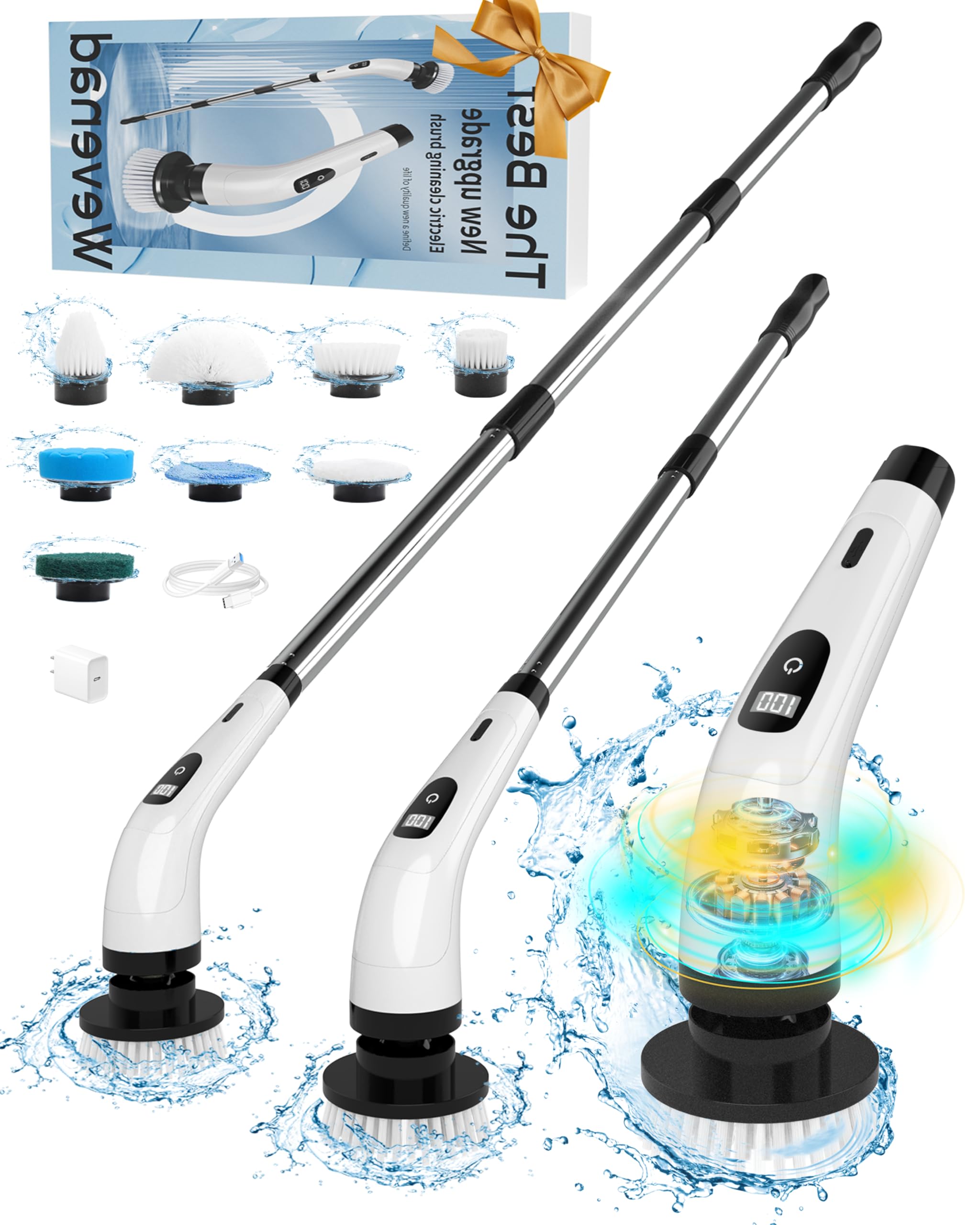 Electric Spin Scrubber,Shower Scrubber IPX7 Waterproof with 8 Replaceable Brush Heads and Adjustable Removable Extension Handle,3 Adjustable Speeds,Suitable for Bathtub Tile Floor (White)