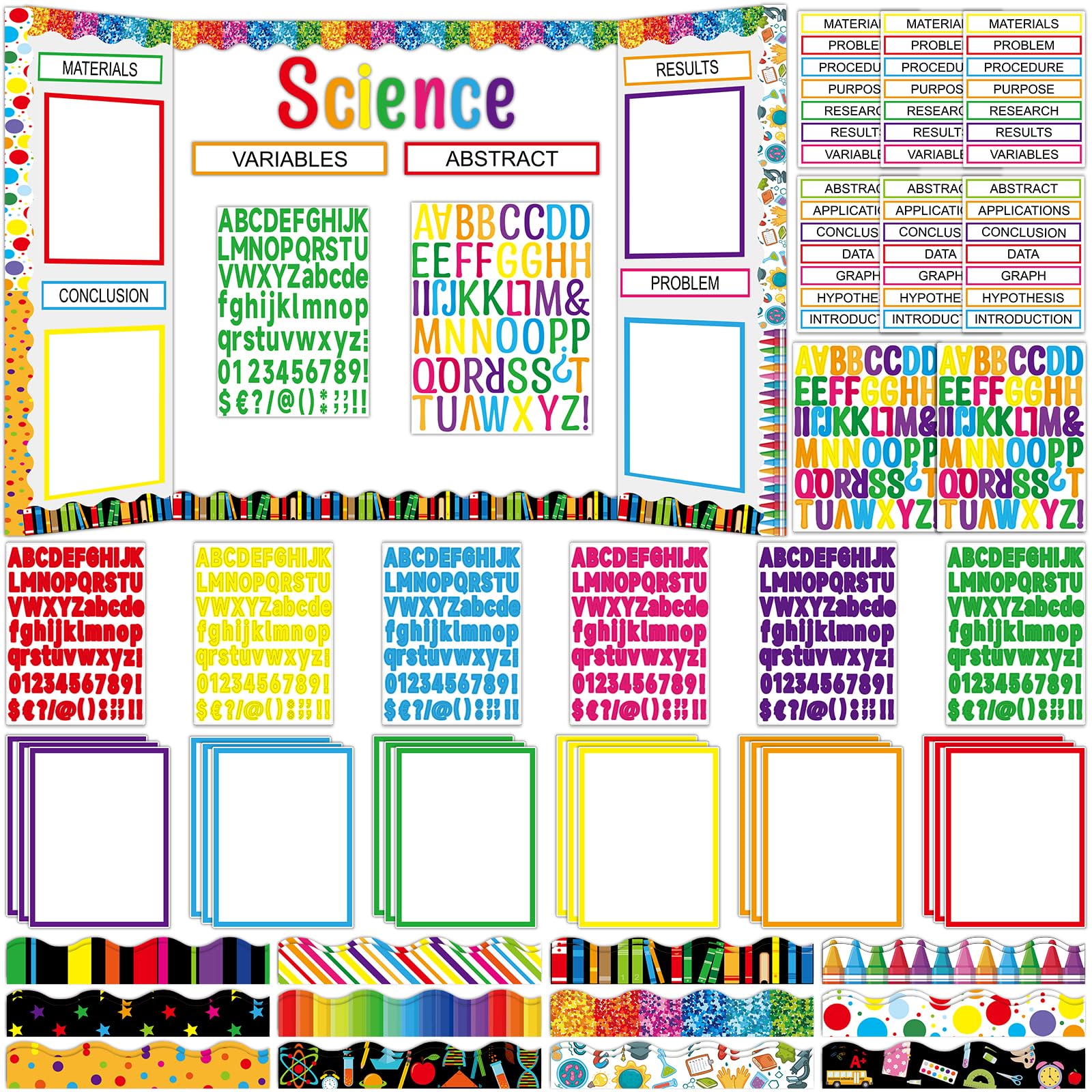 122 Pcs Science Fair Board Supplies 72 Colorful Crayon Trim Scalloped Border 36 Presentation Board Subtitle 6 Self Adhesive Project Title 8 Letter