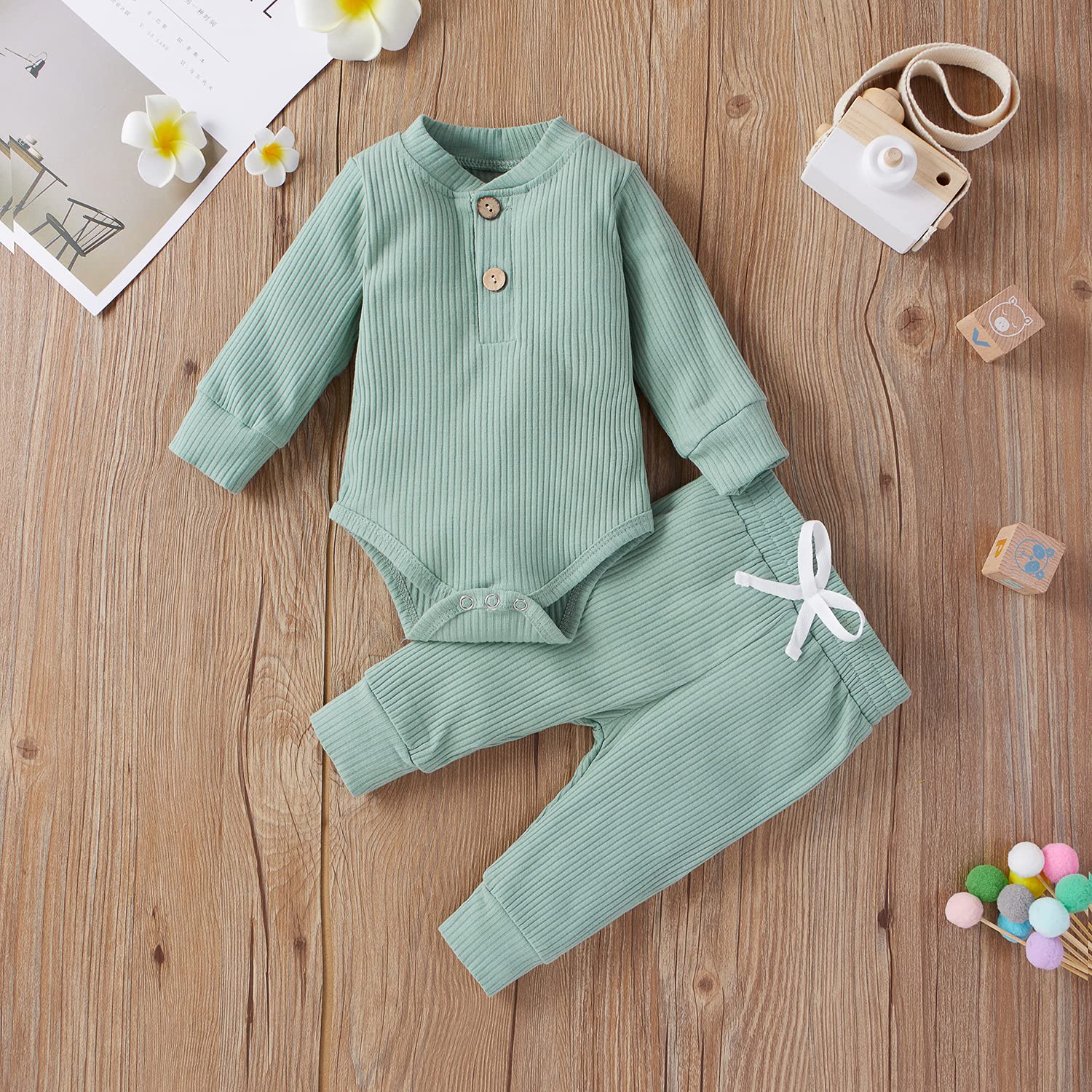 Thorn Tree Unisex Baby Girl Boy Clothes Set Long Sleeve Button Closure Romper Elastic Pants Solid Outfits Fall Winter Newborn (Light Green, 3-6 Months)