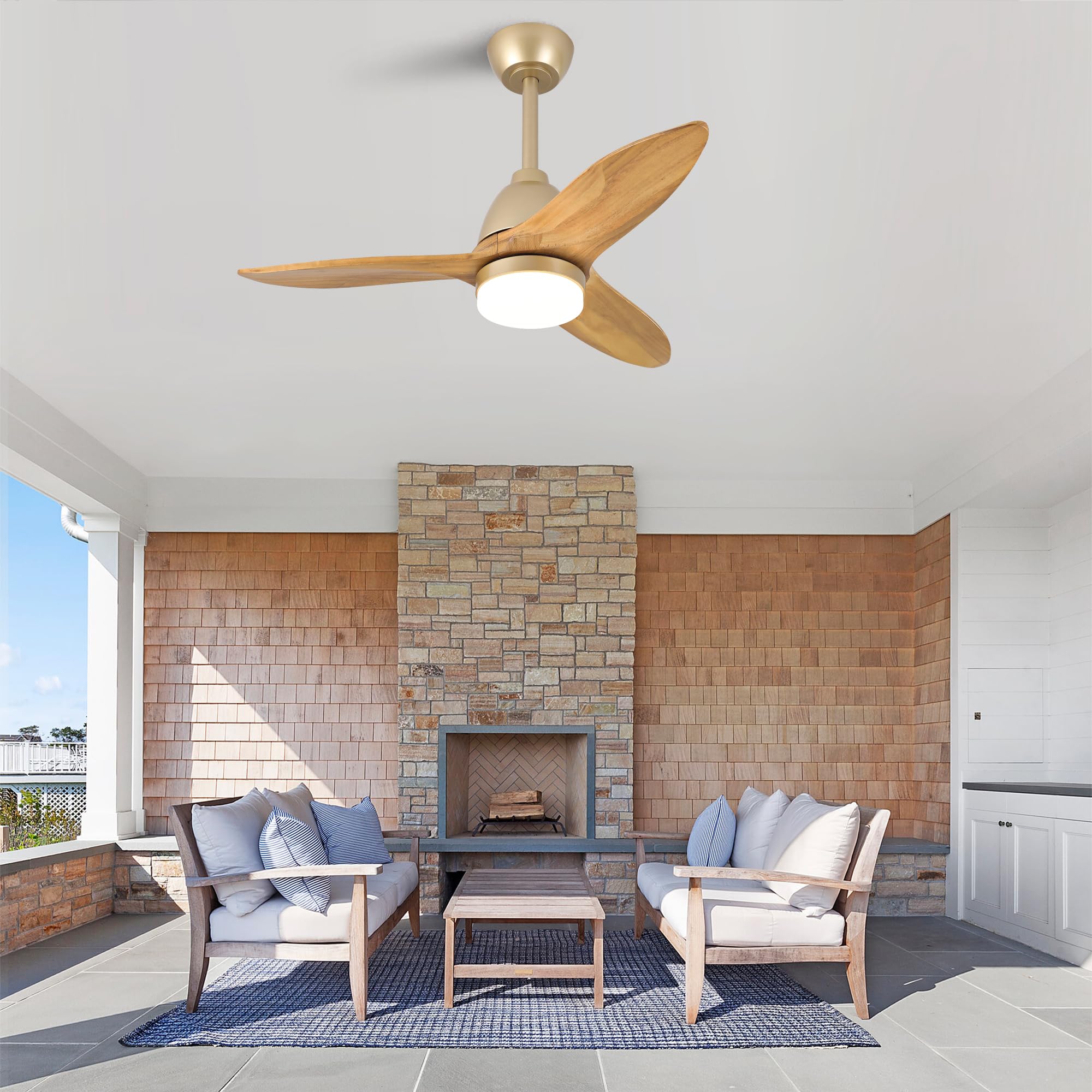 STAPERFO Cichy wentylator sufitowy ze światłem 92 cm, 3 drewniane skrzydła, ściemniana dioda LED, uchwyt sterujący, Windcalm, silnik DC, Golden Oak