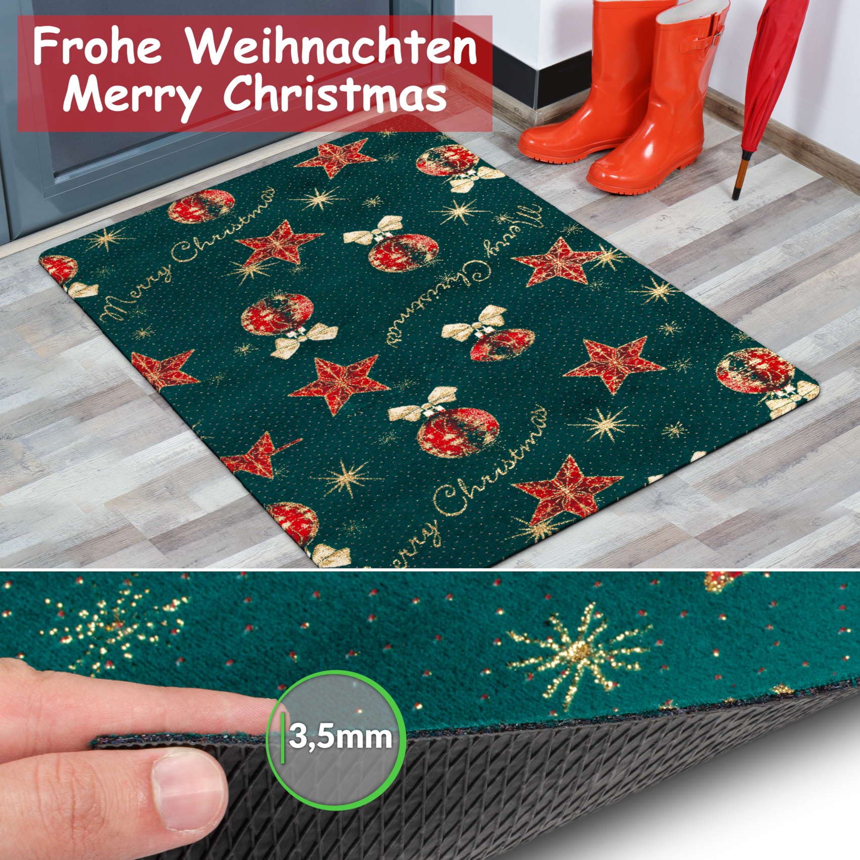 ANRO Alfombra de pasillo de Navidad, Alfombra Puerta, Antideslizante, Venta por Metros, con Purpurina, Verde Merry Christmas, 80 x 120 cm
