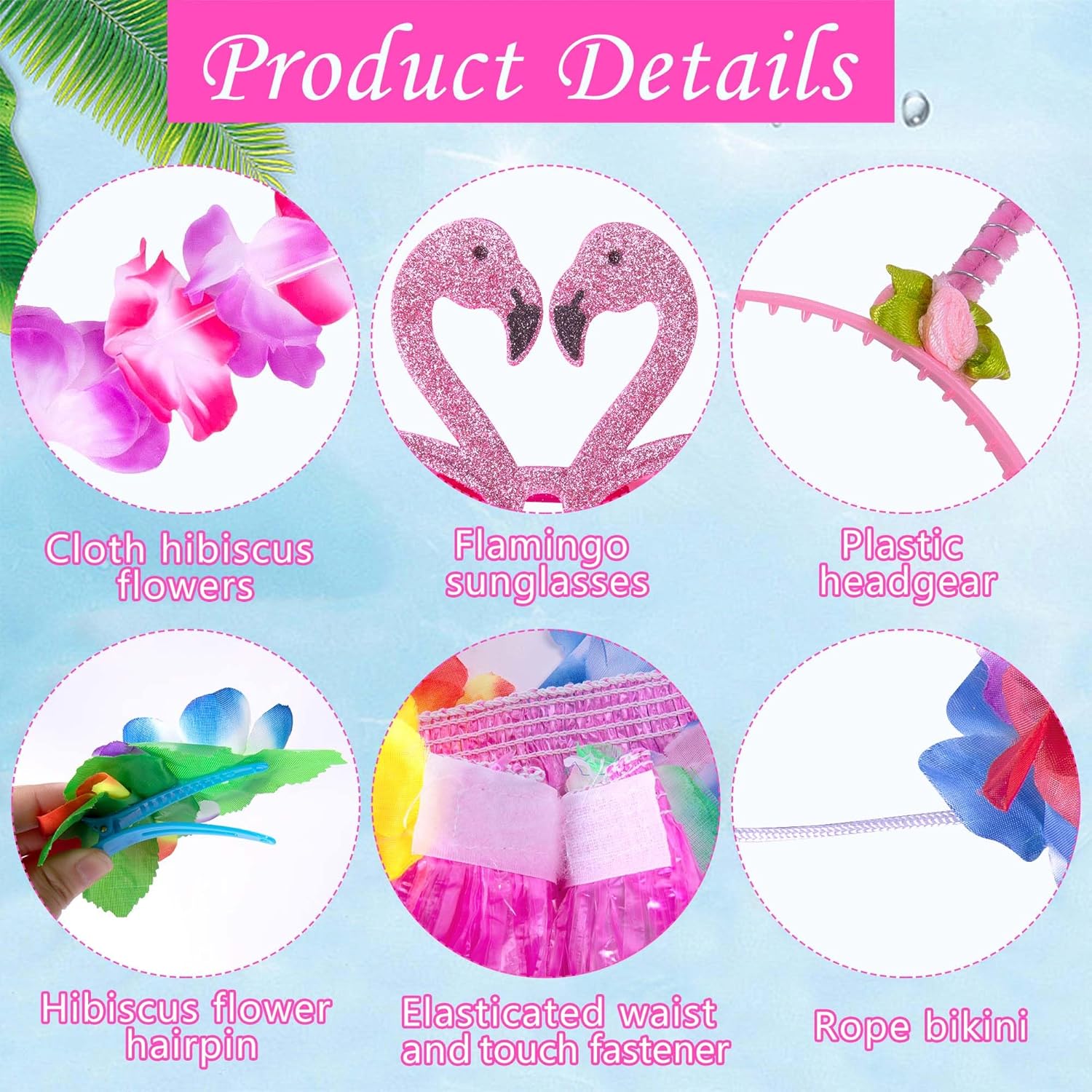 Watayo 8 Pcs/Set 31" Hawaiian Grass Skirt Flowers Costume for Women, Summer Luau Party Outfits Grass Skirt with Bikini Sunglasses Garland Bracelet Hairclip Headband for Beach Party Accessories - Image 3