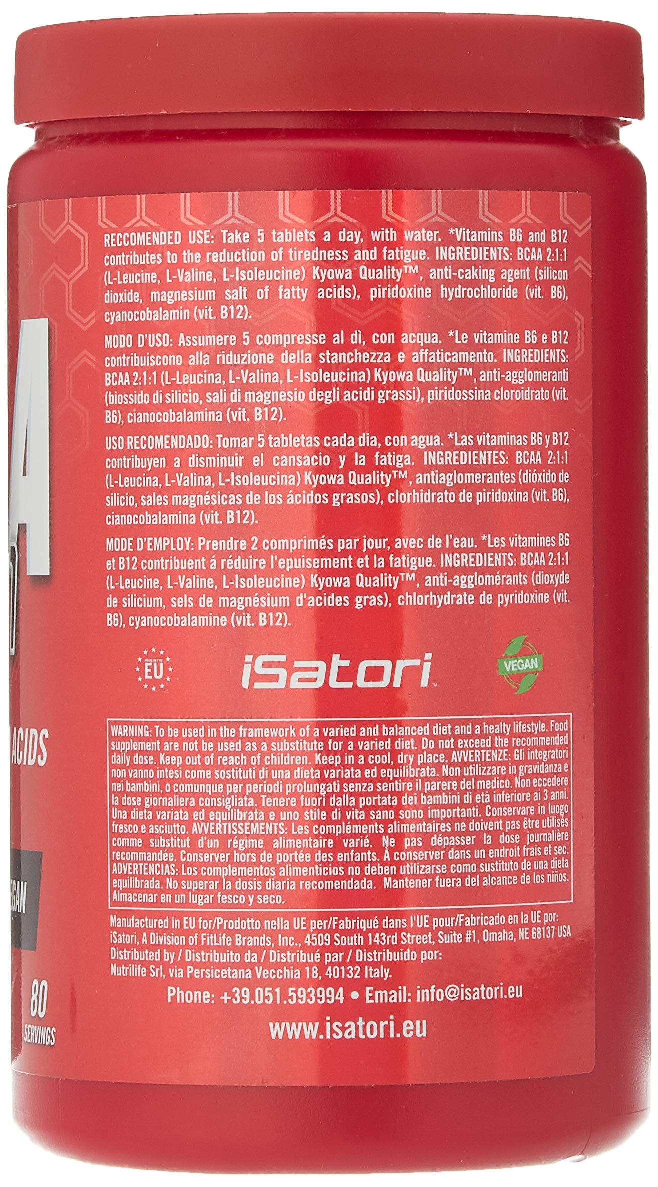 Integratore Alimentare di Aminoacidi Ramificati, Riduce la Stanchezza e la Fatica, Con Vitamina B6 e B12, 400 Compresse