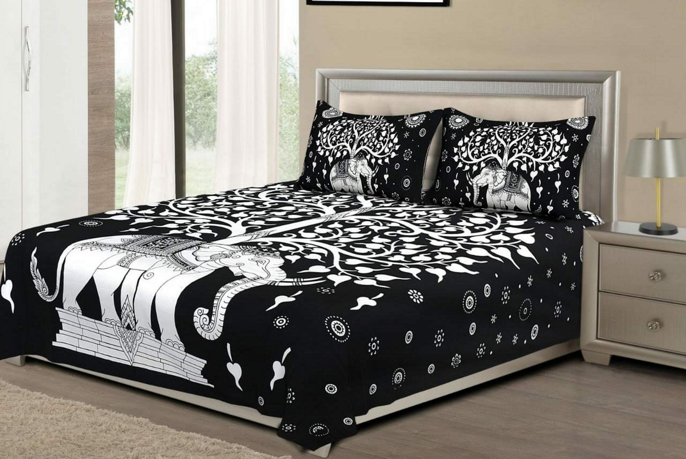 Drap de lit éléphant coton arbre de vie Sanganeri jaipuri couvre-lit 2 personnes