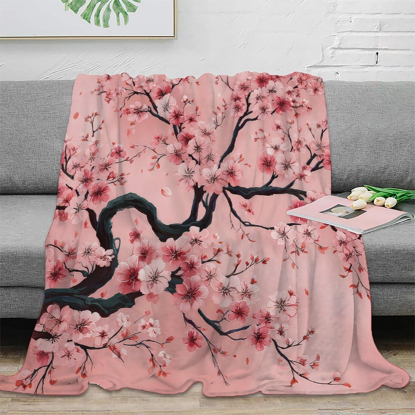 Phqazwsxe Xu5s8lqylfmq 3D Printed Cherry Blossoms Bedding Throw Microfiber Ultra Soft Warm Bedding Japanese Floral Art Home Blanket Heartfelt Gift For Families Couples New Homeowners 40X50inch(100X130cm)