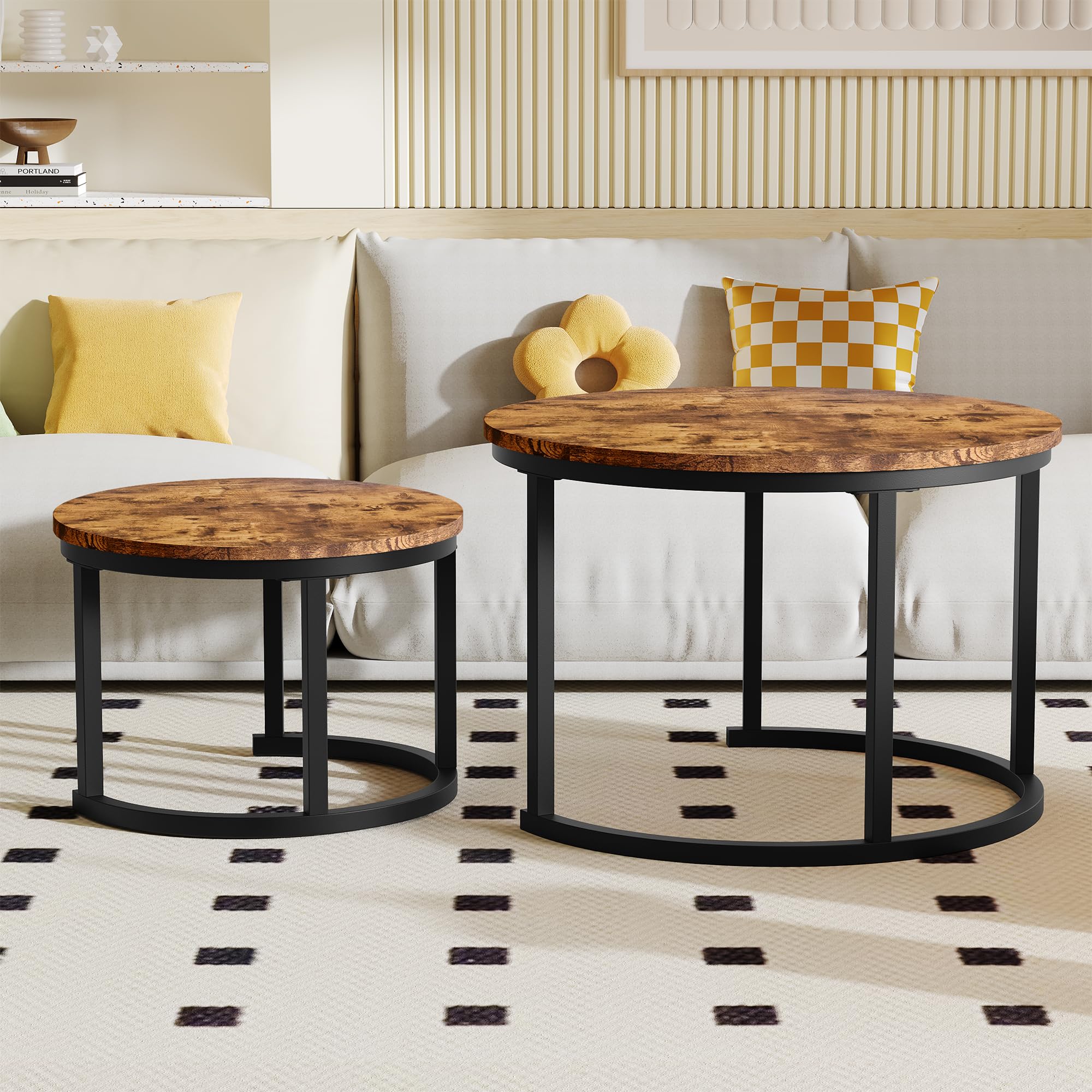 HOMERECOMMEND Juego de 2 mesas de centro redondas, color marrón rústico | Mesa de sofá moderna con estructura de metal negro,Mesa de centro de roble, mesa auxiliar nido para sala de estar