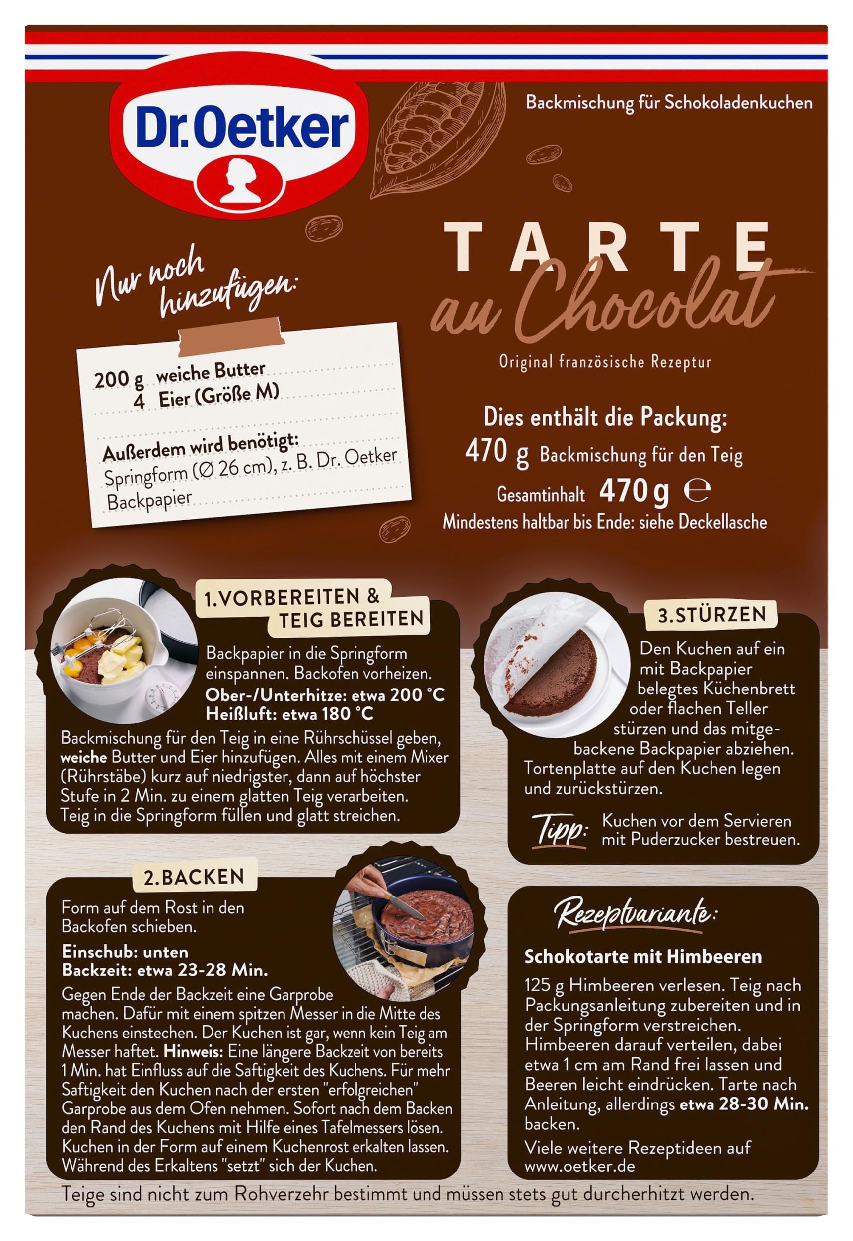 Dr. Oetker Tarte au Chocolat, 5er Pack Kuchen-Backmischung für Schokoladen-Kuchen, Original französische Rezeptur, intensiver Schokoladen-Geschmack, einfaches & gelingsicheres Backen, 5 x 470 g