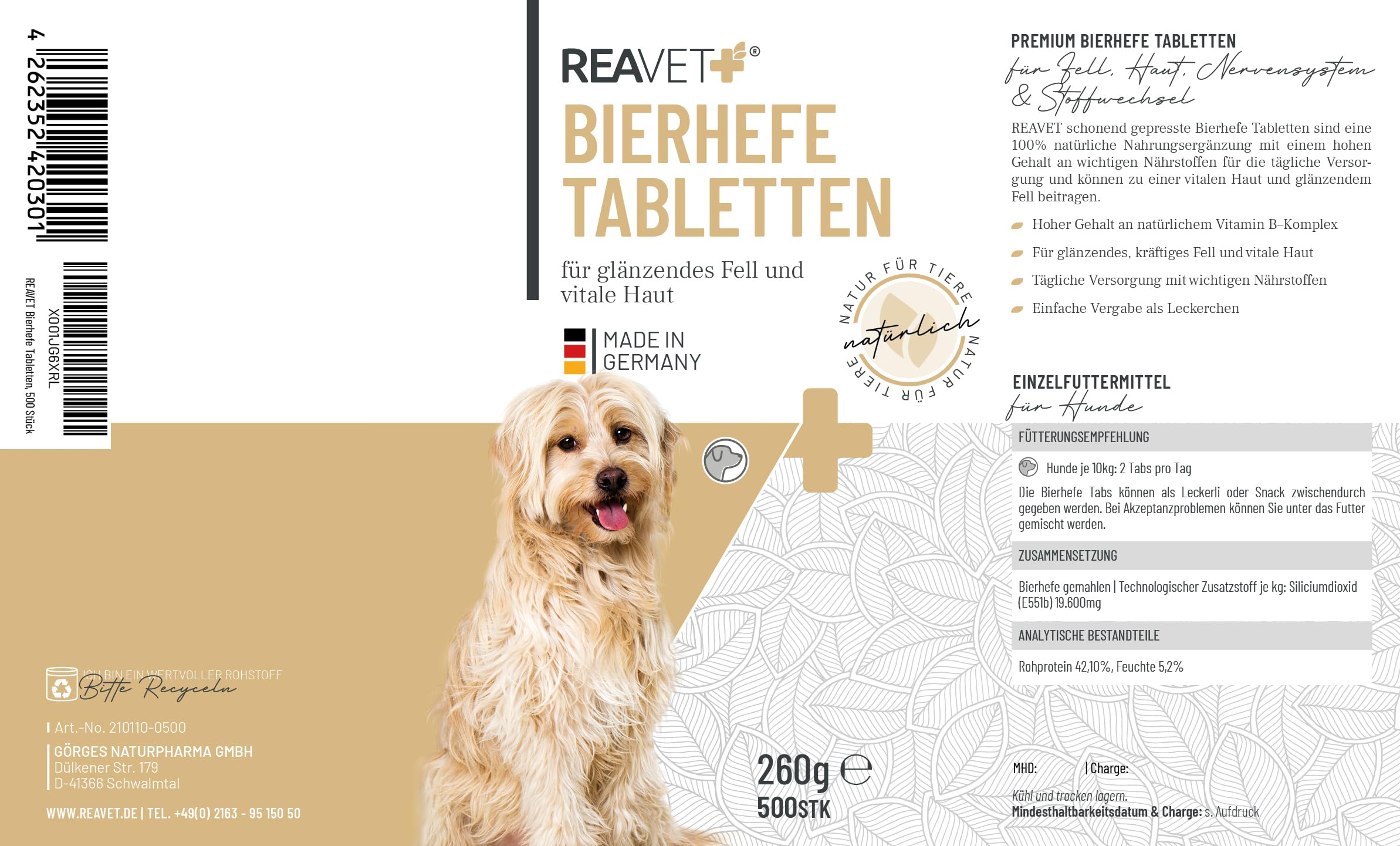 Comprimés de levure de bière ReaVET pour Chiens, 500 pièces - entièrement naturels, de qualité supérieure, pour Un Pelage Brillant et Fort + Une Peau Vitale