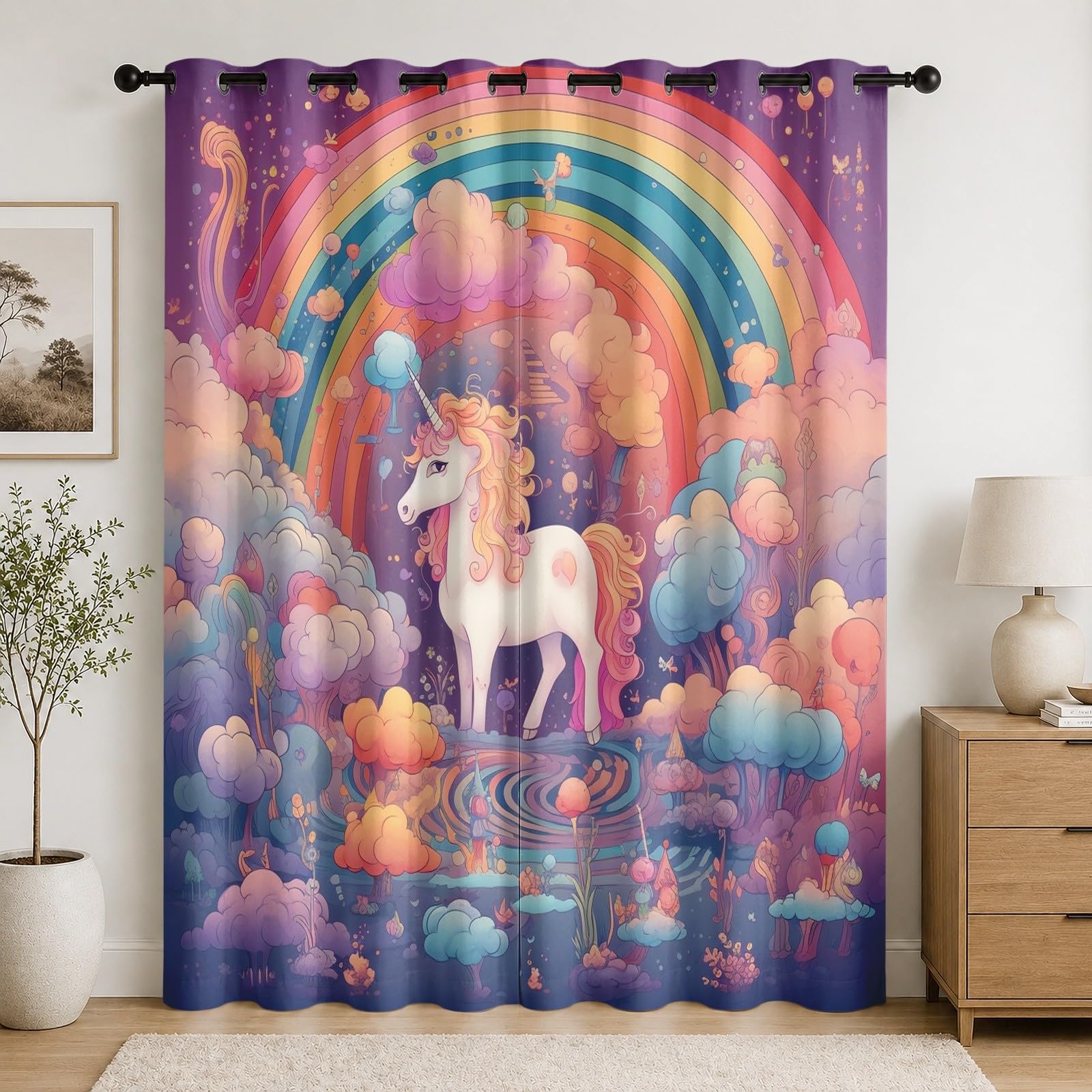 Schlafzimmer Wärmeisolierend Verdunklungsvorhänge Gardinen 2er Set H245 x B140 cm Zeichentrickfigur Einhorn Regenbogen Wolke Vorhänge Blickdicht mit Ösen bunt für Wohnzimmer Wohndeko Vorhang