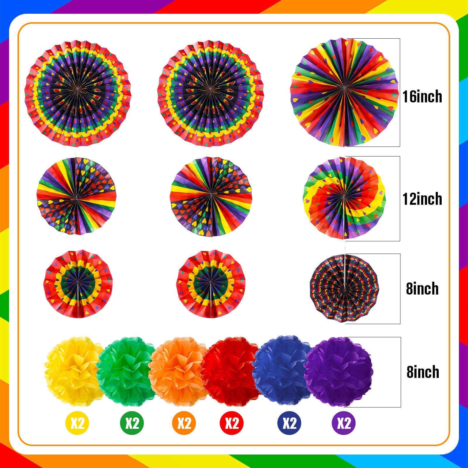 Outus 21 Pcs Gay Pride Hanging Paper Fans Decorations Rainbow Love Heart Paper Fans Gay Pride Themed Tissue Paper Pom Poms for Pride Rainbow Party LGBT Celebration Decorations